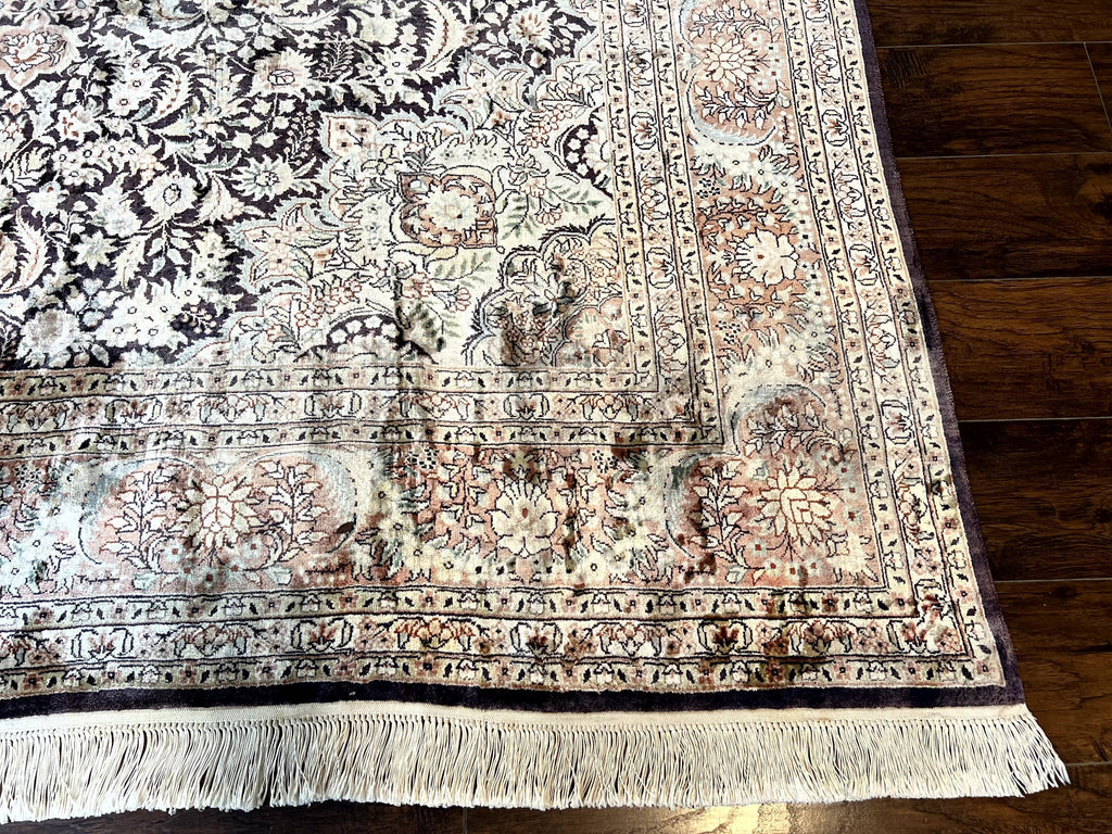 Silk Indian Kashmiri Rug 8x10, Floral Medallion, Indo Persian Carpet, Handmade Vintage Silk Rug