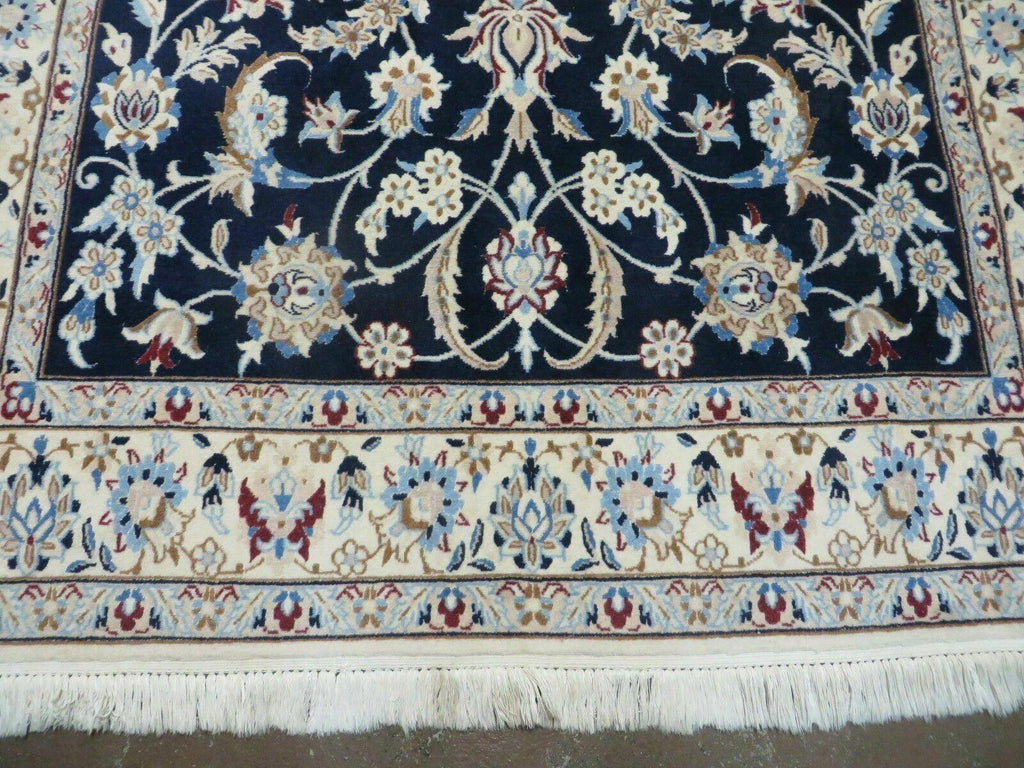 Persian Nain Rug 4x7, Navy Blue and Ivory, Handmade, Wool & Silk Highlights, Fine Oriental Rug, Vintage