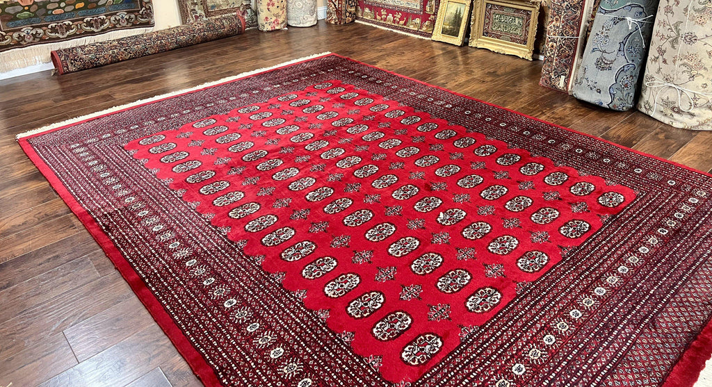 Turkoman Rug 8 x 11.6, Red Bokhara Pakistani Carpet, Wool Handmade Vintage Rug