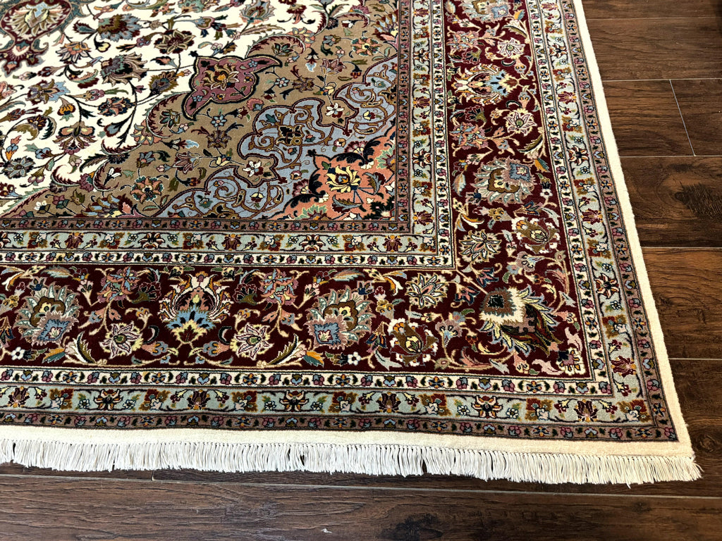 Persian Tabriz Rug 8x11, Floral Medallion Traditional Area Rug, Fine 300 KPSI, Ivory Maroon