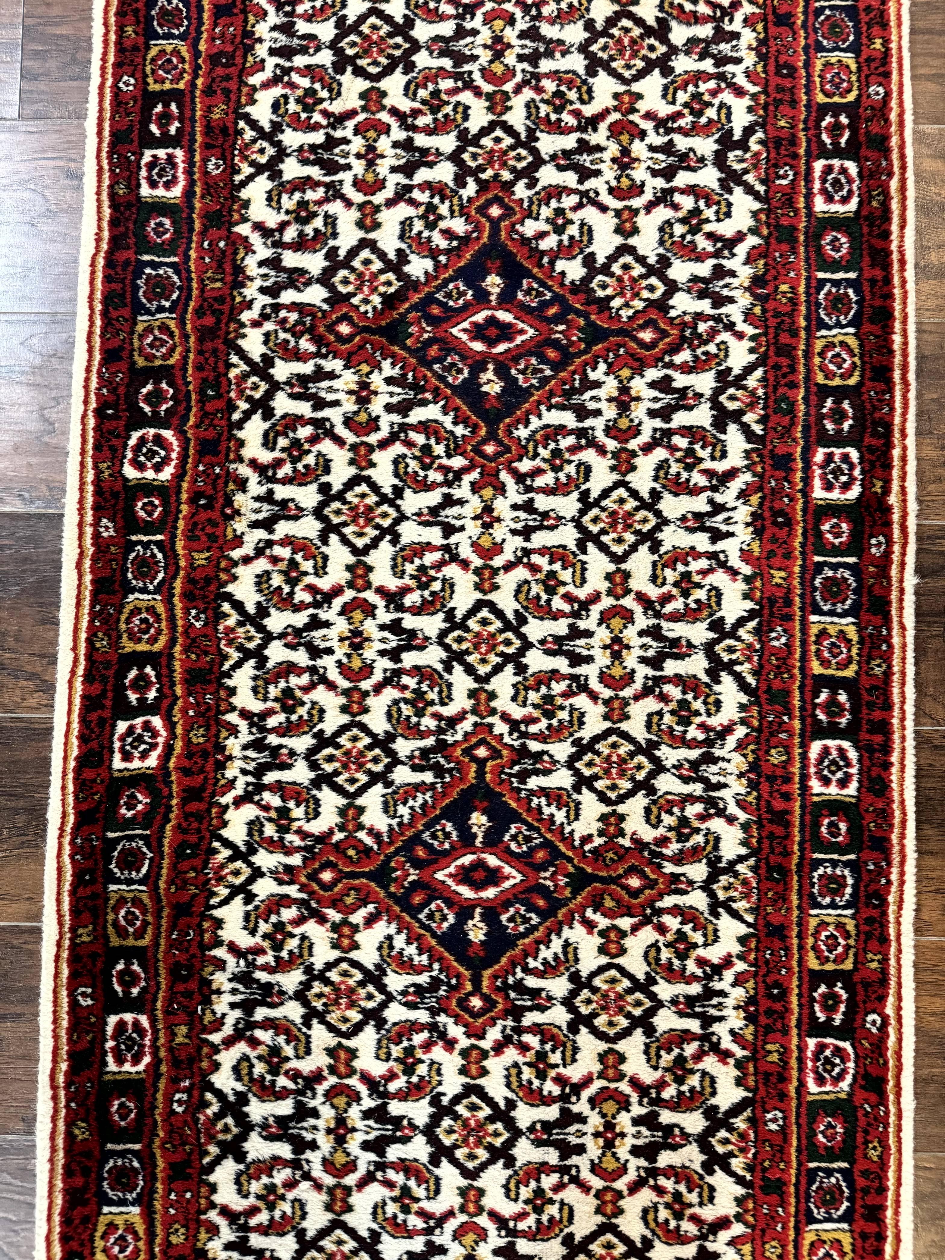 Indo Persian Bidjar Runner Rug 2.8 x 10, Vintage Rug for Hallway, 10ft Runner, Wool Handmade Ivory and Red, Medallions
