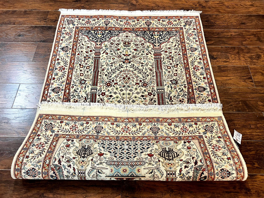 Pak Perisan Prayer Rug 4x6, Tree of LIfe Carpet, Handmade Vintage Wool Rug, Beige, Floral Vases