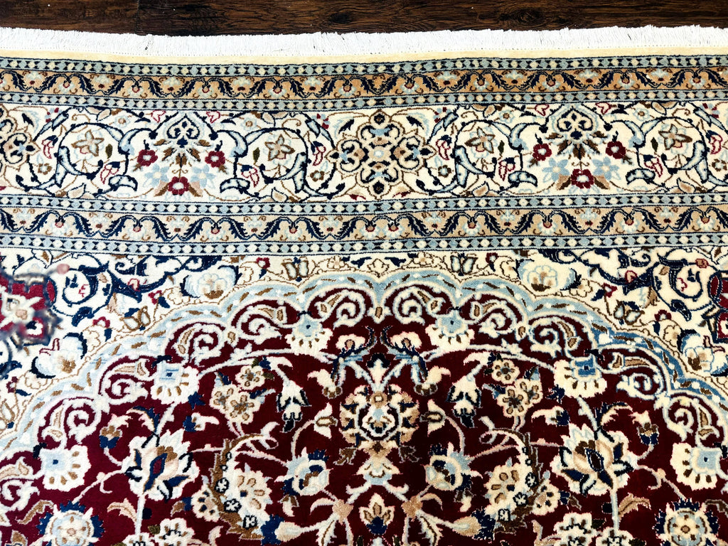 Persian Nain Rug 8x11, Wool and Silk Highlights, Burgundy & Ivory