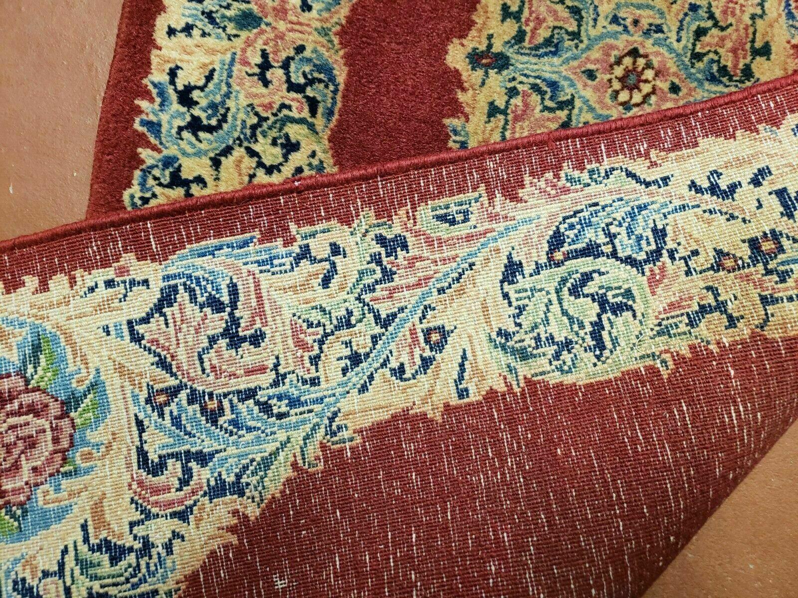 Small Persian Kirman Rug 2x4, Wool Oriental Vintage Handmade Carpet, Hand Knotted Floral Medallion, Red & Beige, Semi Open Field