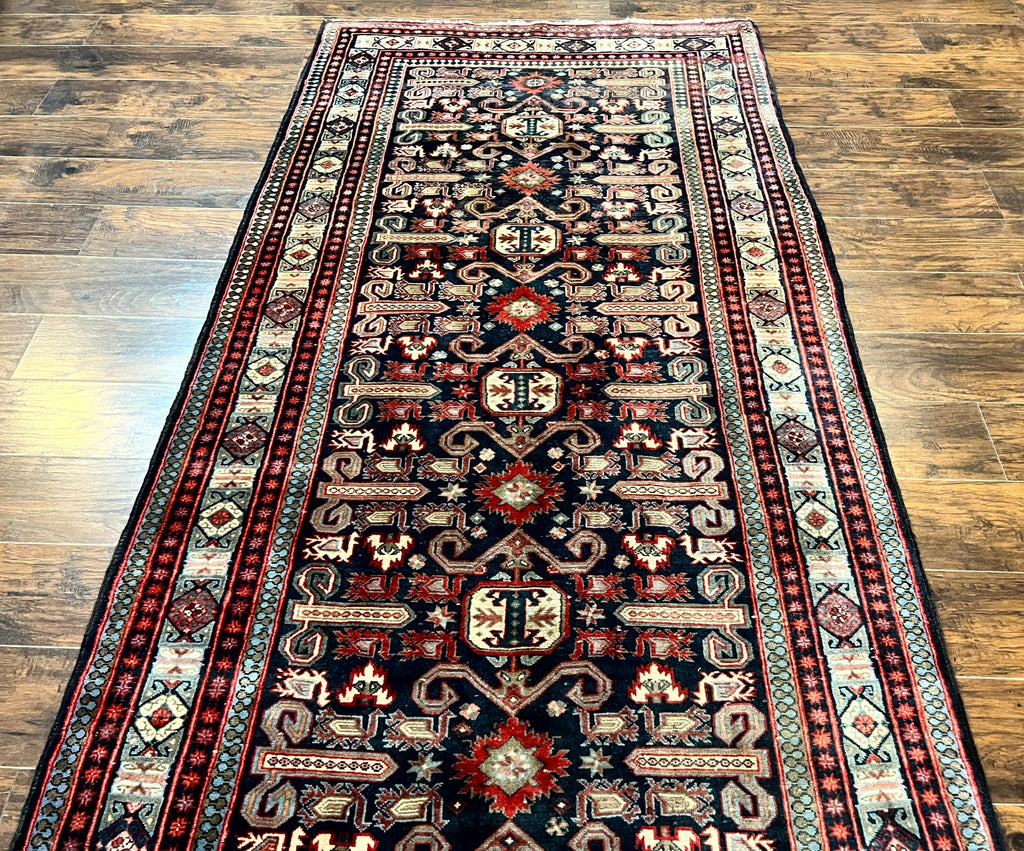 Persian Wide Runner Rug 4.8 x 10, Persian Kalegi Ardabil Rug, Perpedil Caucasian Rug, Antique Handmade Wool Carpet, Navy Blue Red, Tribal Rug