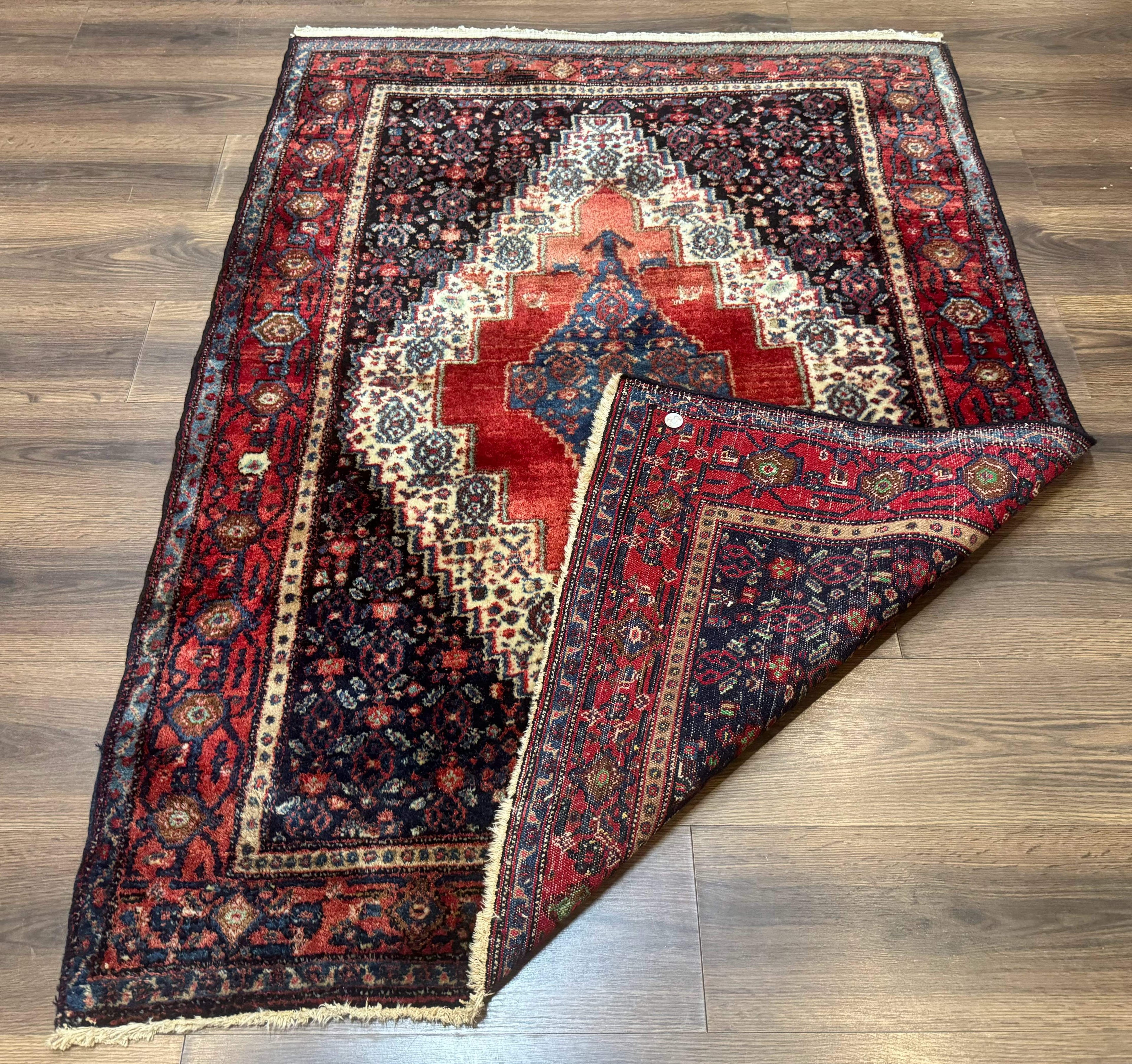 Antique Persian Kurdish Senneh Rug 4x5 Tribal Carpet Wool Geometric Medallion