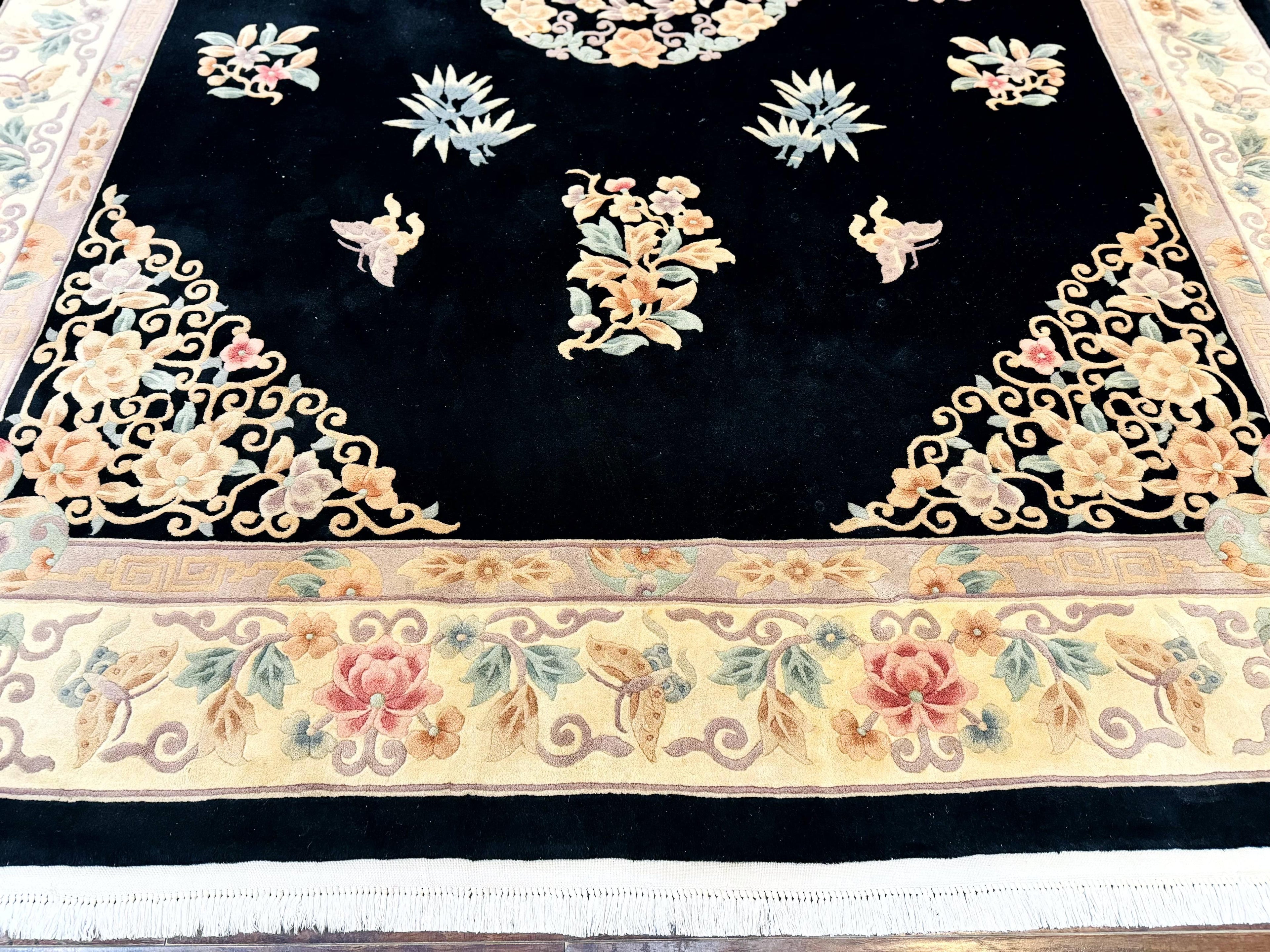 Chinese Wool Rug 9x12, Chinese Carving Carpet, Floral Medallion, Black and Beige, Butterflies, Vintage Asian Oriental Rug, 90 Line Rug