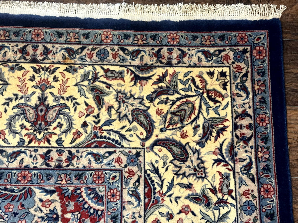 Sino Persian Kerman Rug 10x14, Blue and Beige, Floral Medallion, Fine 240 KPSI