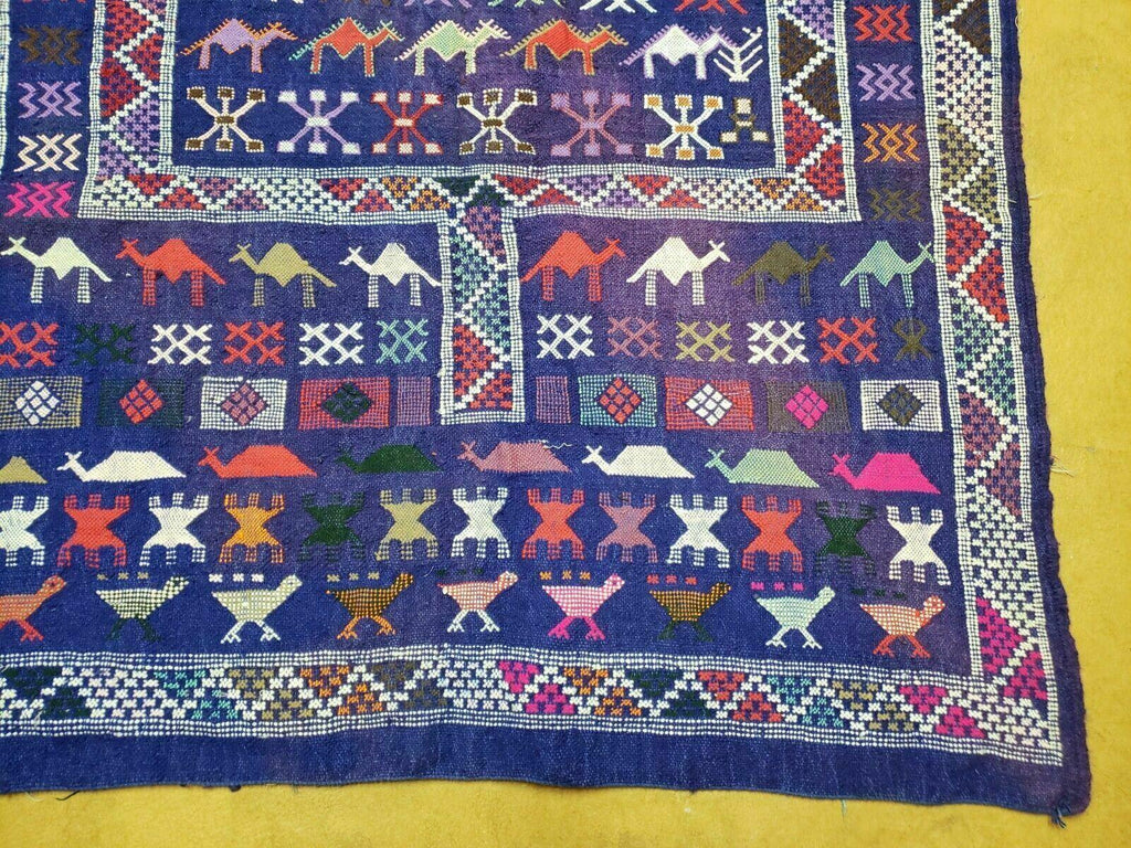 3' X 7' Vintage Handmade Indian Wool Kilim Flat weave Rug Camel Birds Blue Geometric Short Runner