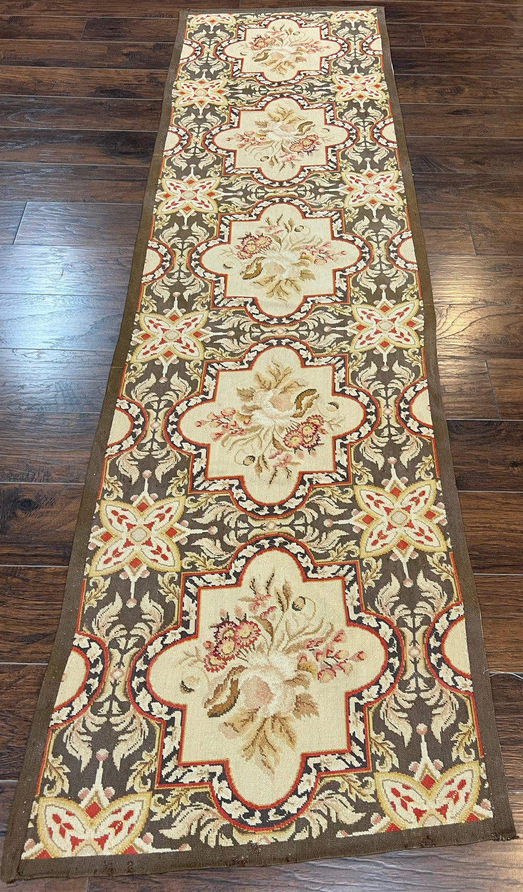 Needlepoint Runner Rug 2.8 x 9.8, Brown and Beige, Handwoven Handmade Floral French European Design, Vintage Flatweave 10ft Wool Runner Rug