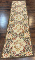Needlepoint Runner Rug 2.8 x 9.8, Brown and Beige, Handwoven Handmade Floral French European Design, Vintage Flatweave 10ft Wool Runner Rug