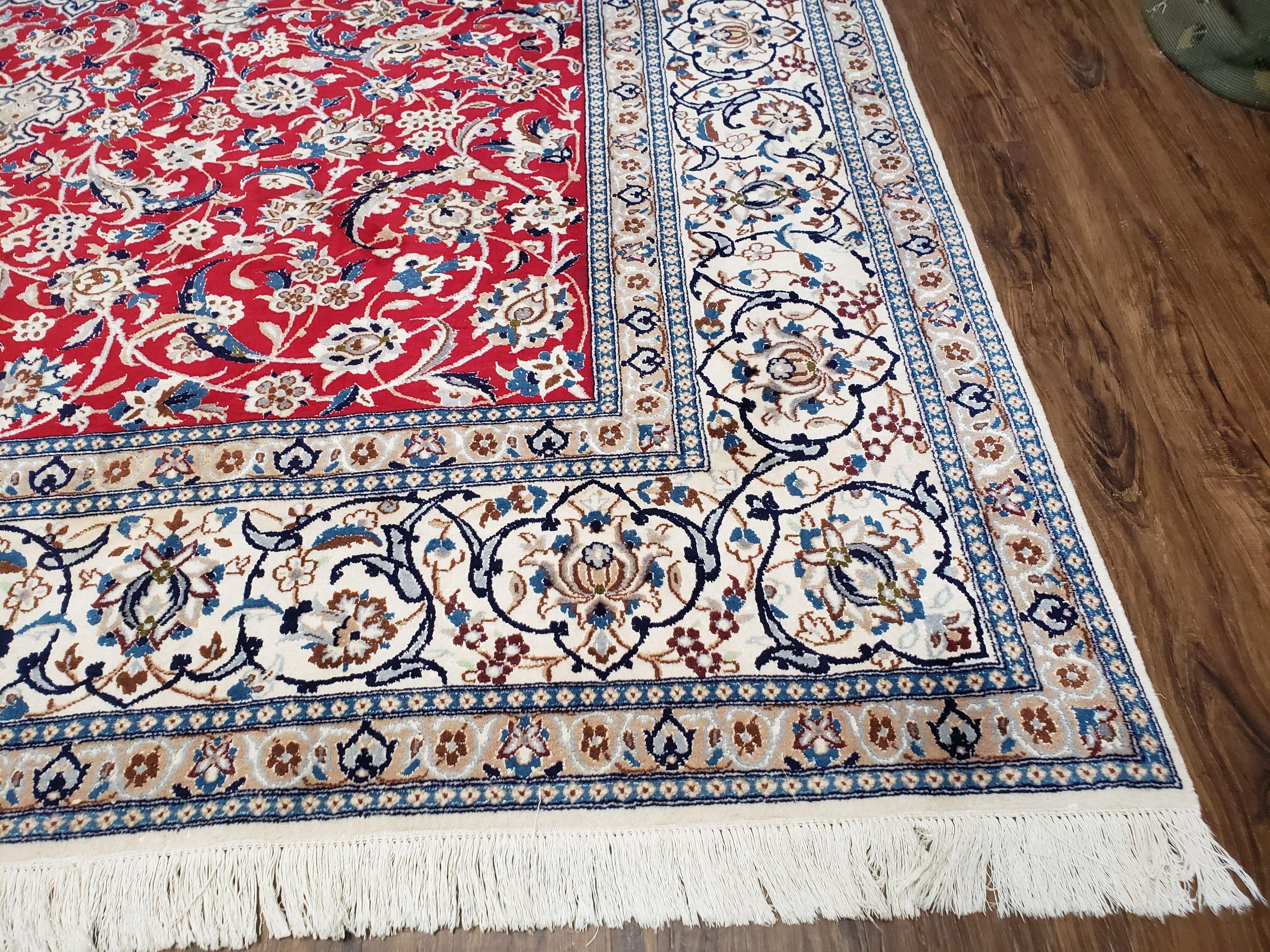 Persian Nain Rug 8x12, Red and Ivory, Signed