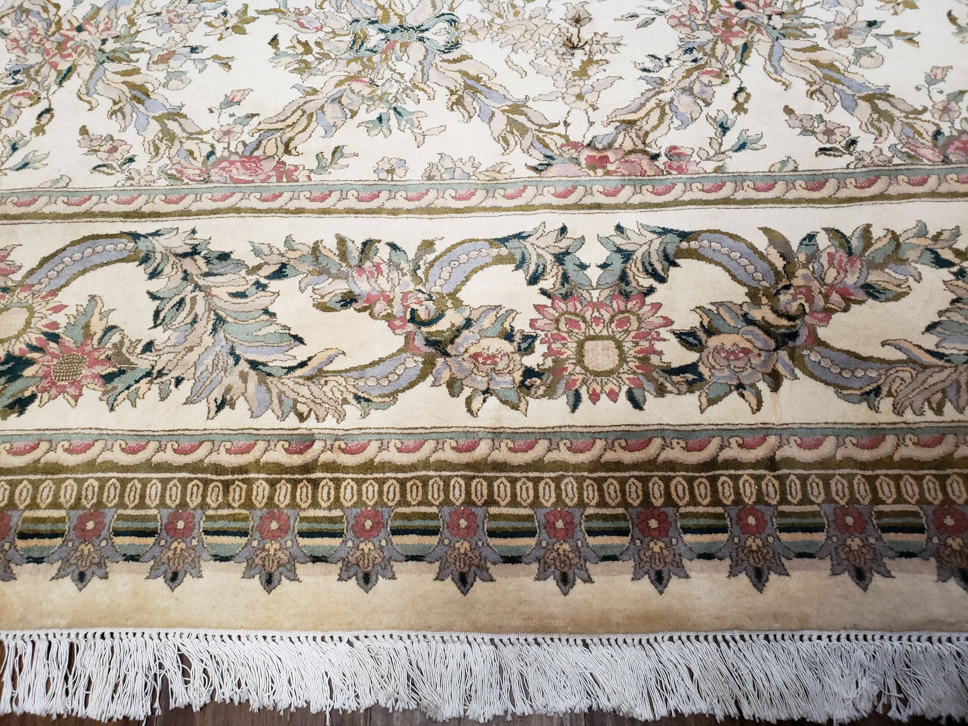 Pak Persian Floral Rug 11 x 12.6, Ivory, Very Fine, Hand Knotted