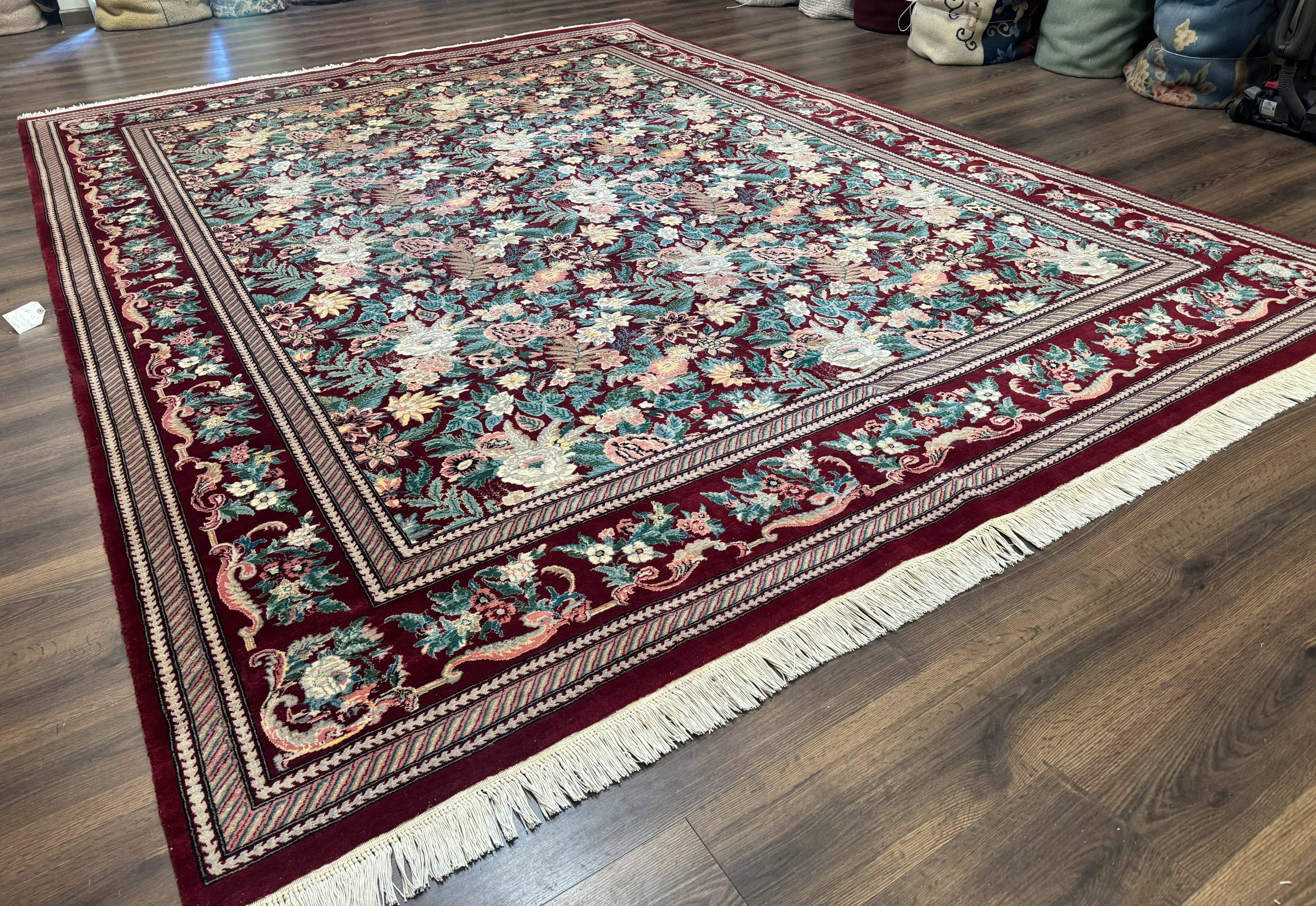 Pakistani Rug 9x12 William Morris Maroon Vintage Floral Wool