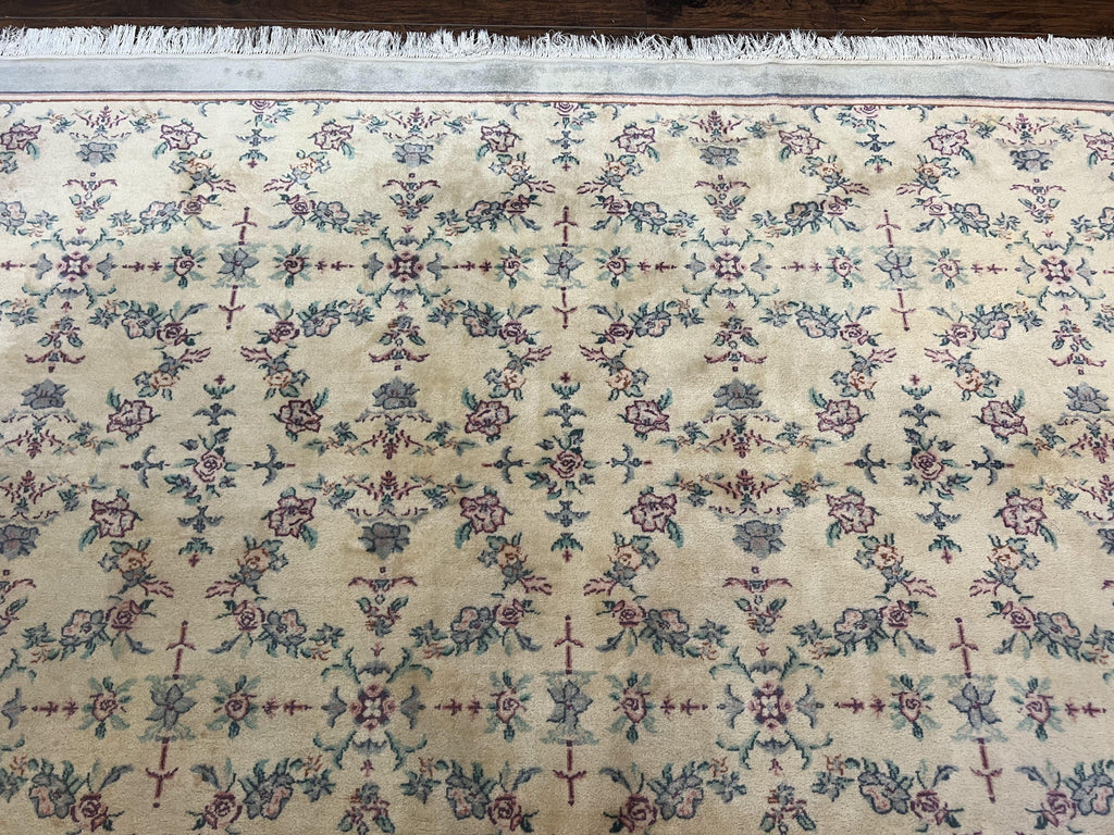 Sino Persian Rug 8x10, Floral, Oatmeal and Light Teal, Handmade Wool Vintage Carpet