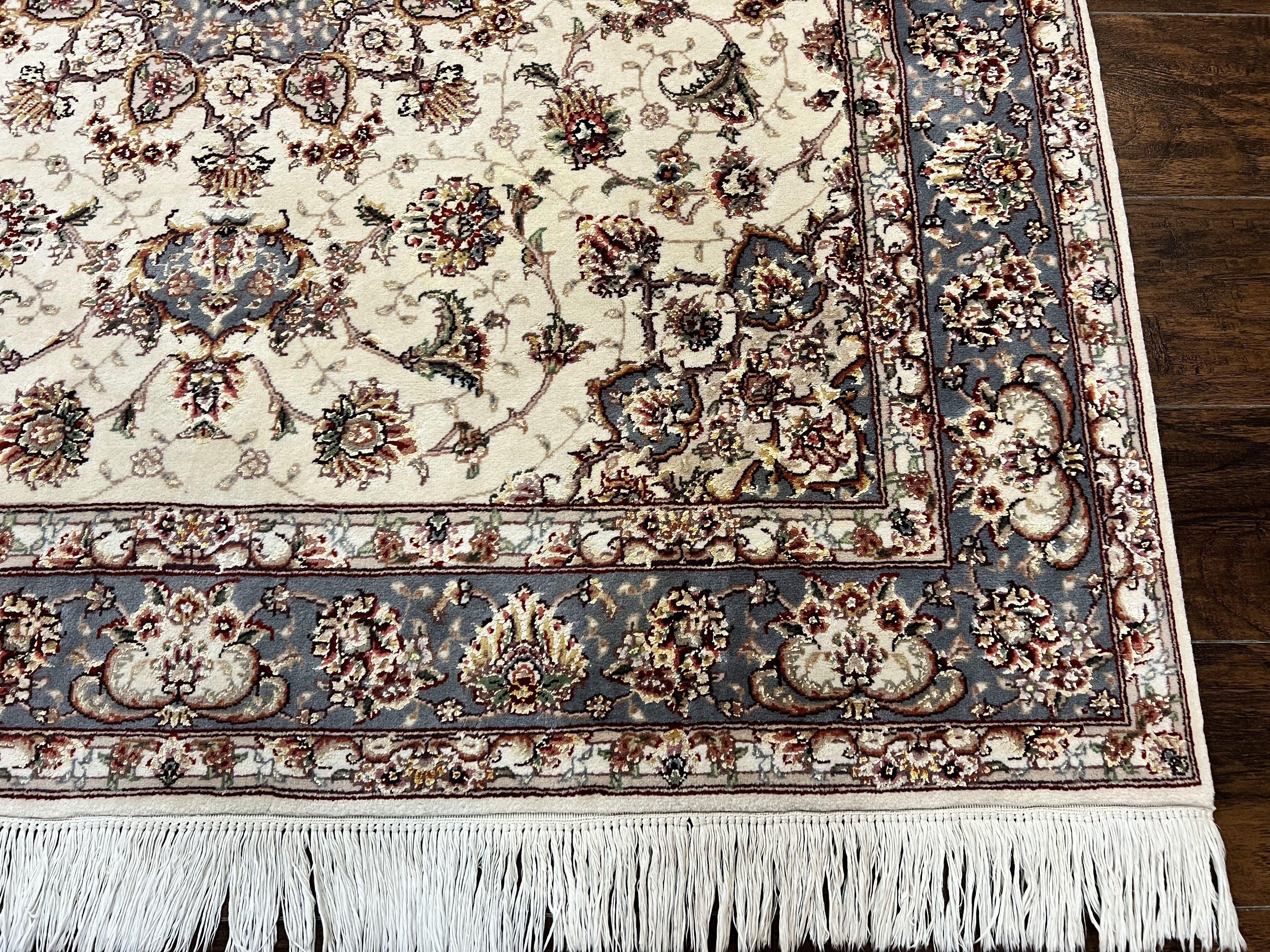 Sino Persian Square Rug 5x5, Very Fine Oriental Carpet, Wool & Silk Highlights, Ivory, Hand Knotted Handmade Vintage Traditional Rug