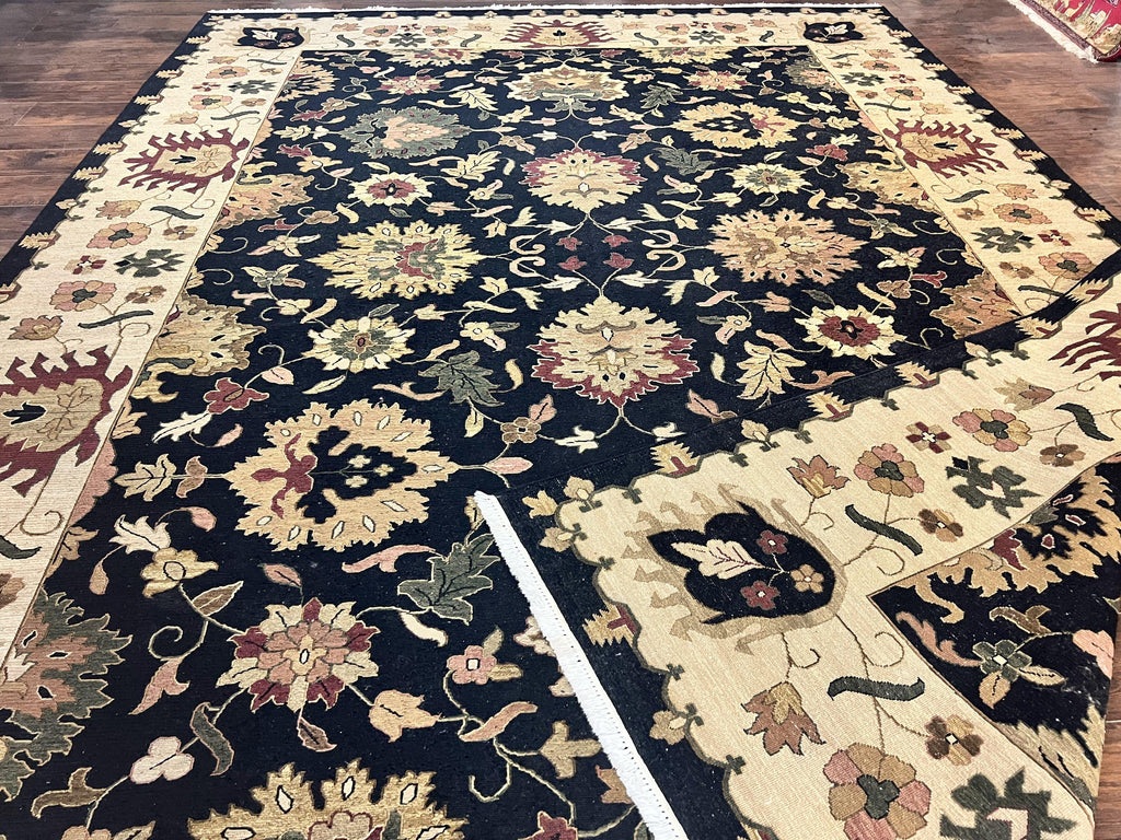 Indo Persian Rug 10x14, Wool Handmade Room Sized Floral Oriental Carpet, Indian Mahal Flatweave Rug, Black Beige
