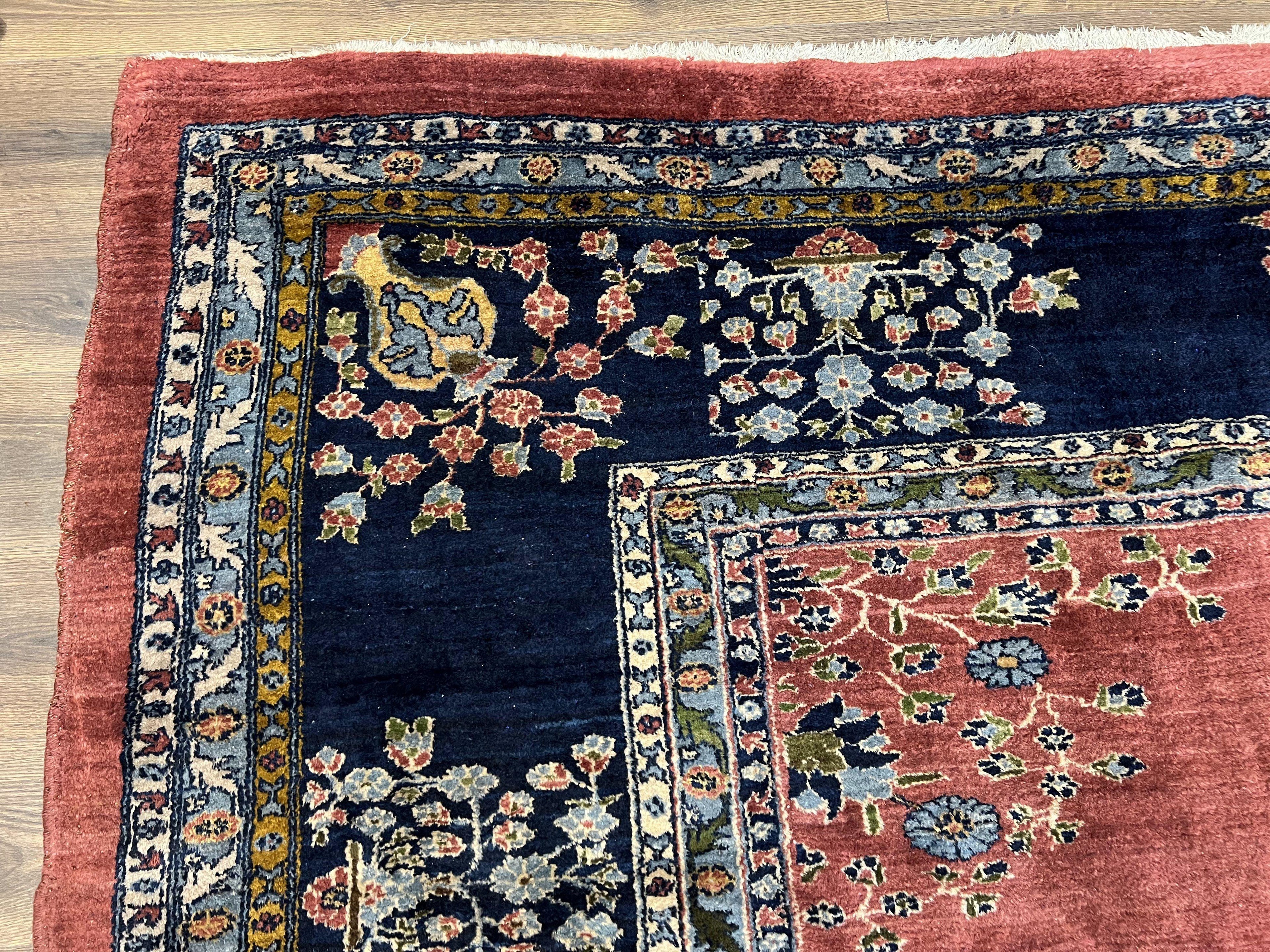 Large Persian Sarouk Rug 10x17, Open Field, Red and Navy Blue, Palace Sized Oversized Hand Knotted Wool Oriental Carpet Flowers Vases Antique 1920s