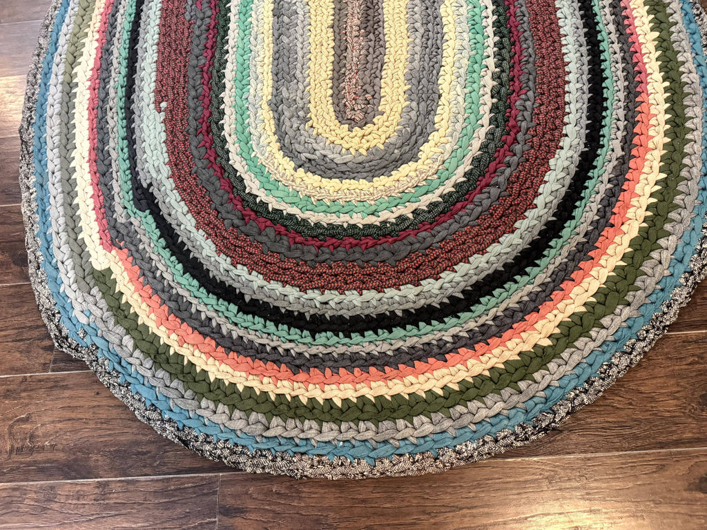Antique American Braided Rug 5x7, Oval Multicolor Handmade Wool Braided Carpet