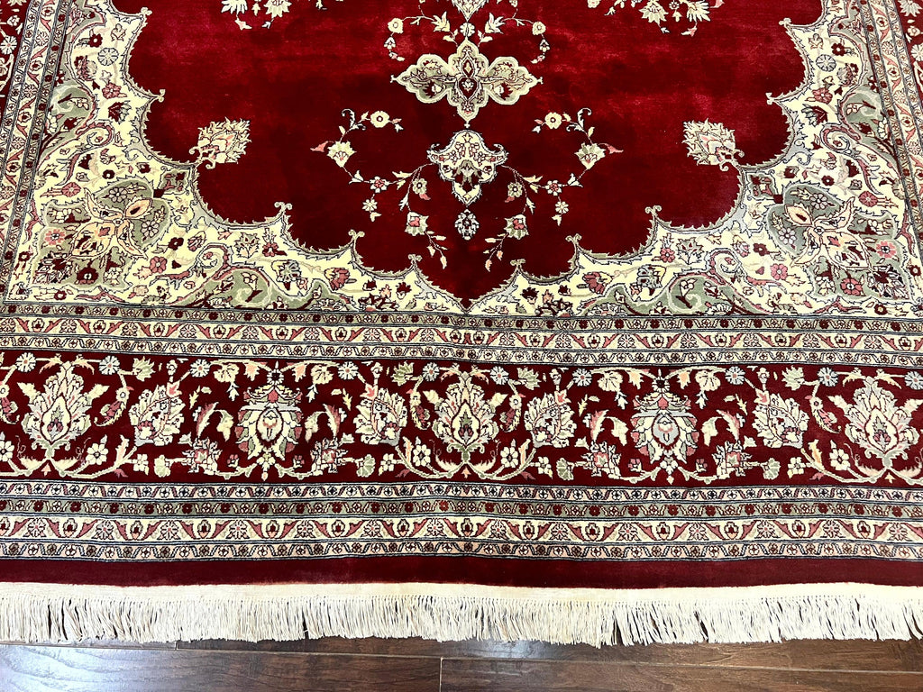 Pak Persian Rug 9x12, Handmade Vintage Traditional Wool Carpet, Floral Medallion, Dark Red Ivory/Cream, Fine 250 KPSI