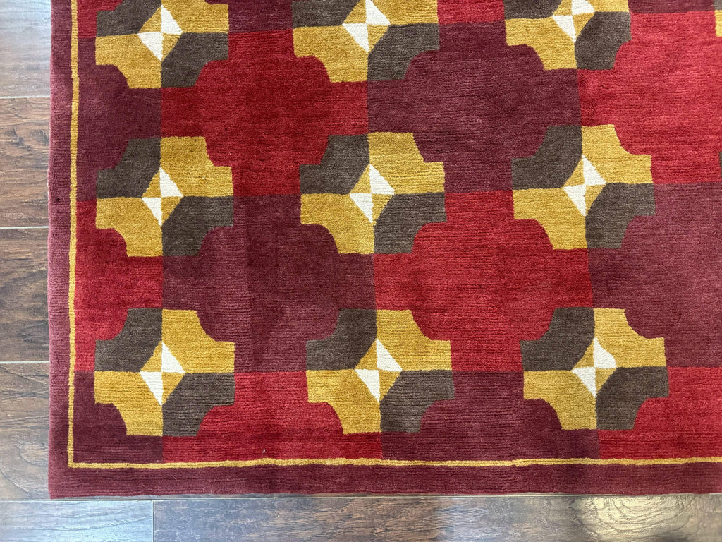 Modern Tibetan Rug 5 x 6.8, Wool, Red, Allover Pattern, Nepali Rug, Abstract Rug, Handmade Area Rug