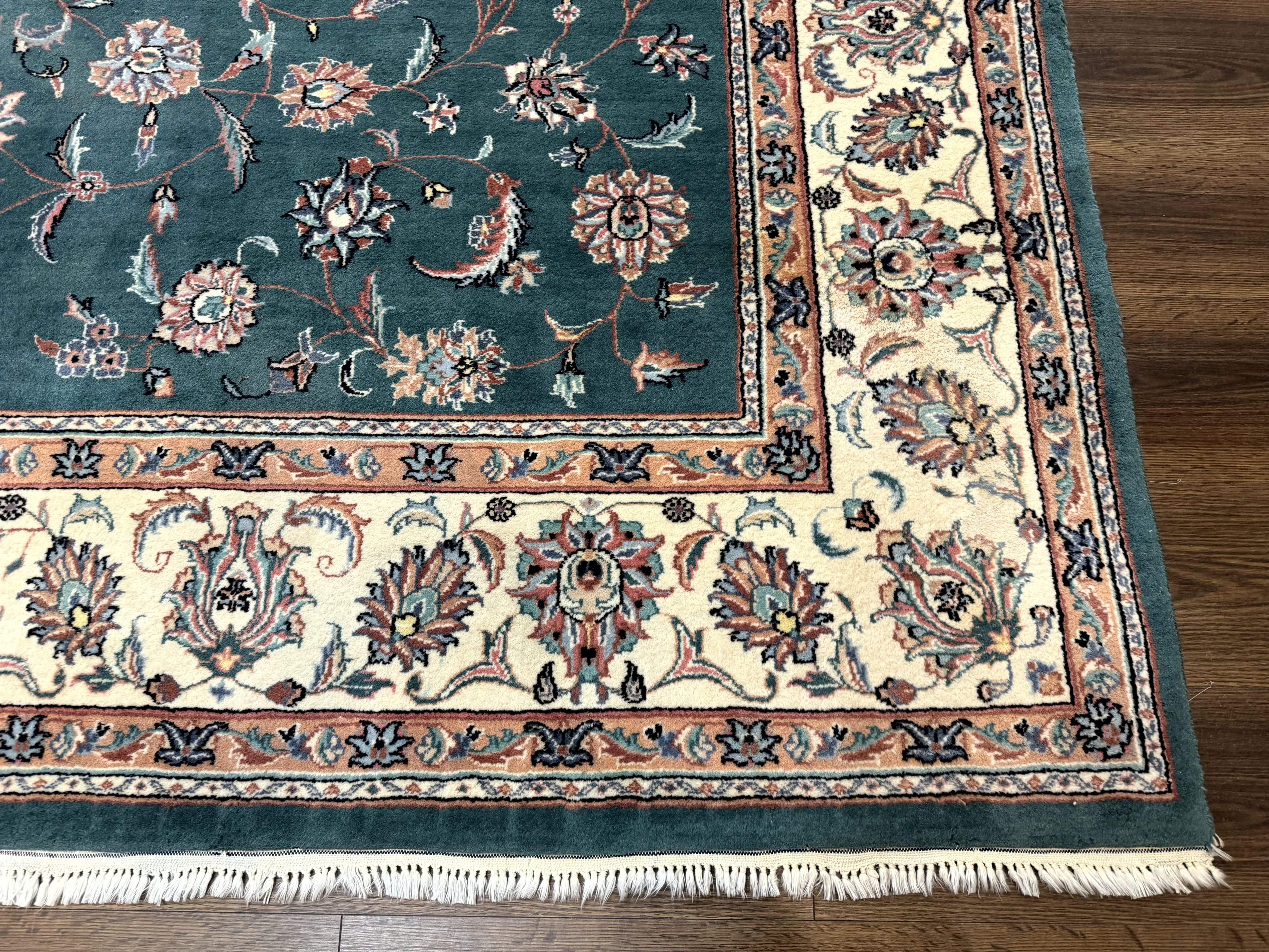 Indo Persian Rug 8x10, Green and Beige Oriental Carpet, Traditional Wool Area Rug, Floral Allover Pattern