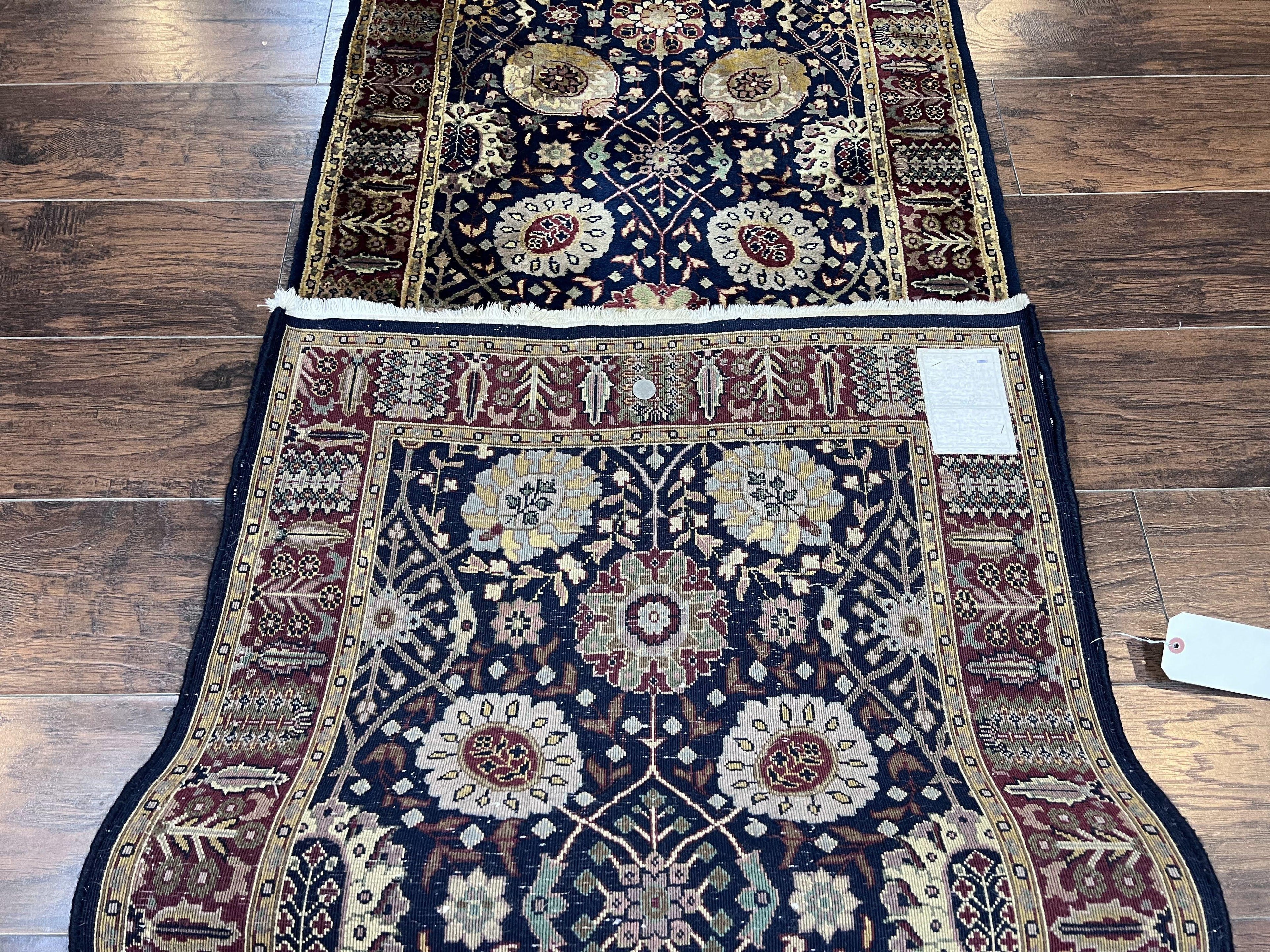 Indo Persian Runner 2.8 x 18, Long Skinny Hallway Wool Runner Rug, Hand Knotted Vintage Floral Allover Traditional Runner Dark Blue Burgundy