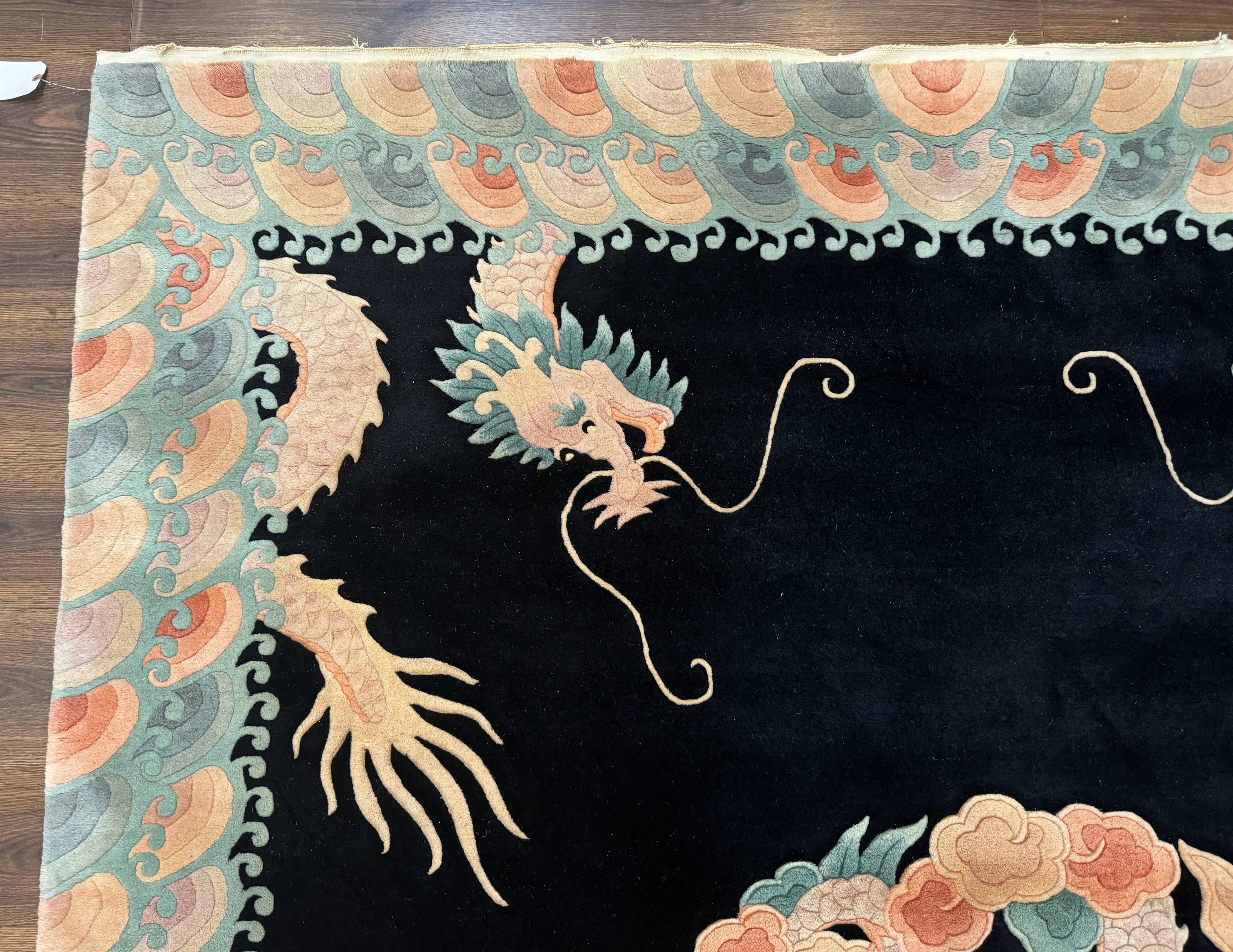 Black Chinese Wool Rug 8x10 with Dragons, Rainbow Borders, Rare