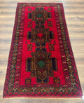 Red Afghan Balouch Rug 4x7, Triple Medallions, Handmade, New