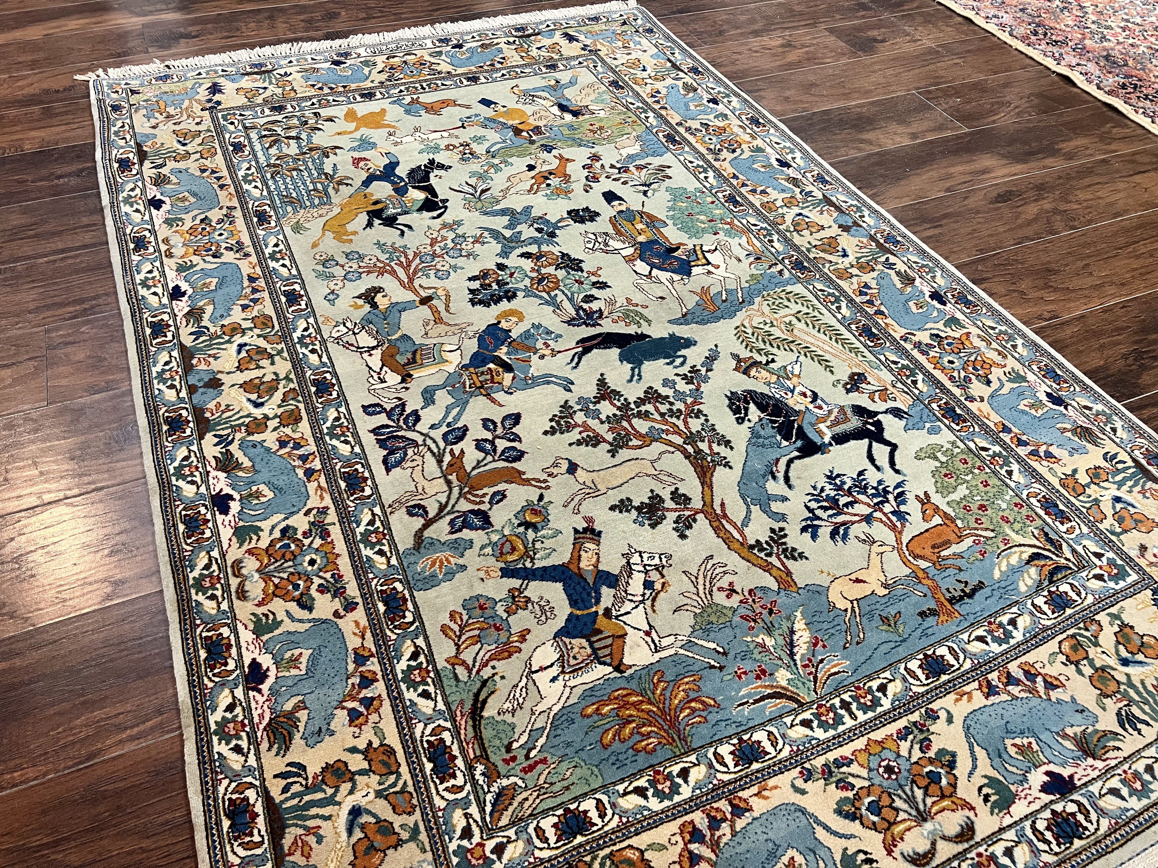Persian Kashan Pictorial Rug 4.6 x 7, Hunting Scene, Signed by Masterweaver, Animal Pictorials, Rare, Handmade, Wool, Vintage, Very Fine