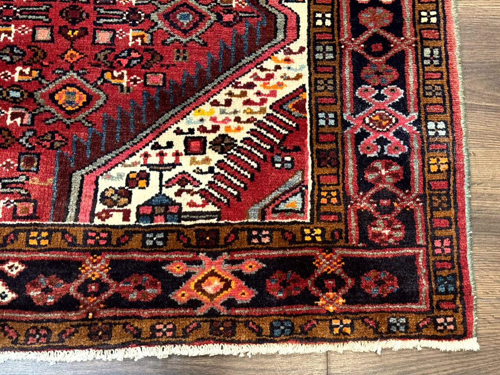 Persian Hamadan Rug 4x7, Tribal Village Malayer Carpet, Red and Ivory, Bohemian Antique