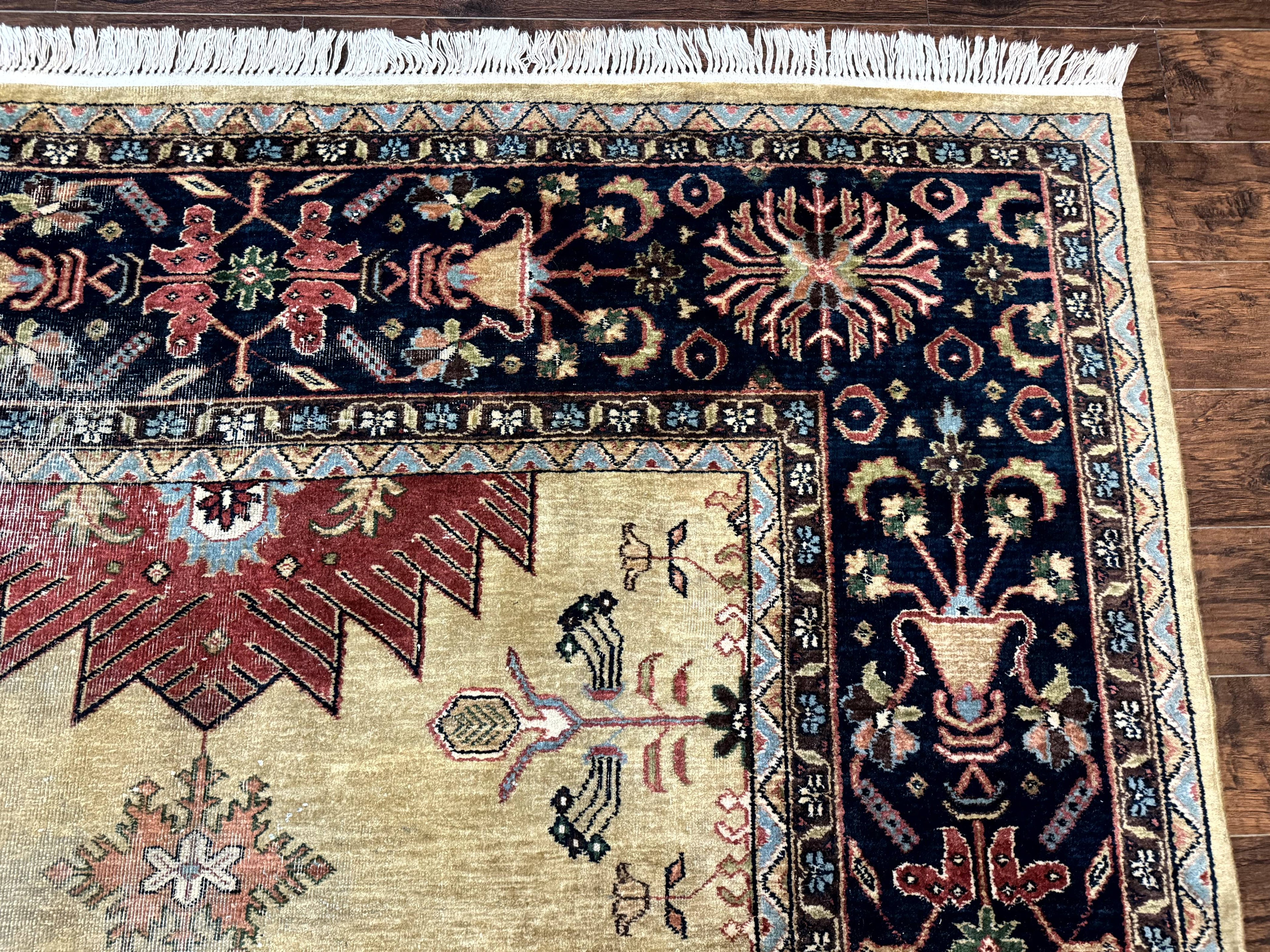 Indo Persian Heriz Rug 8x12, Camel Hair Tan and Navy Blue, Decorative
