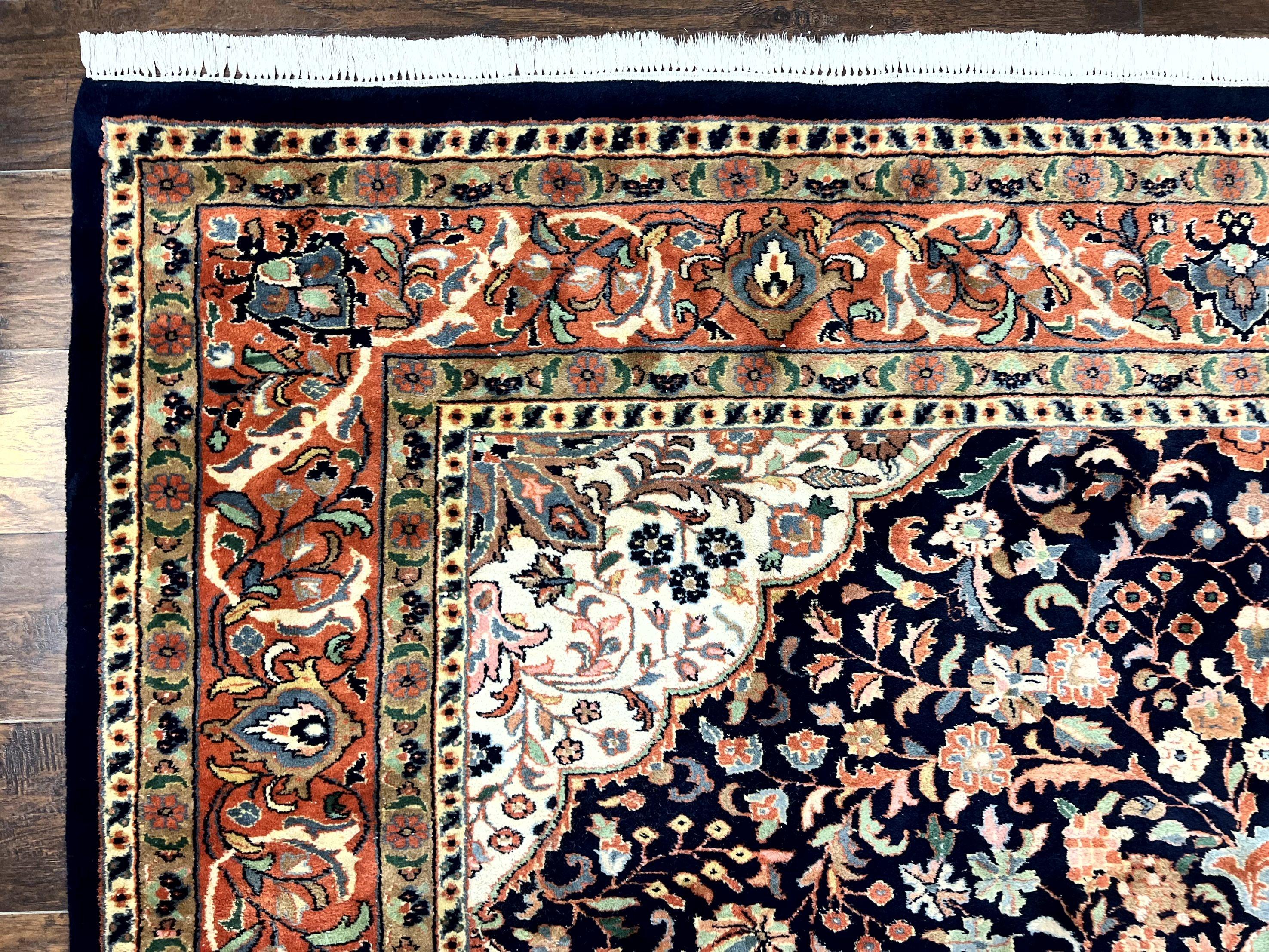 Indo Persian Rug 8x10, Midnight Blue & Red, Handmade Vintage Wool Carpet, Floral Medallion