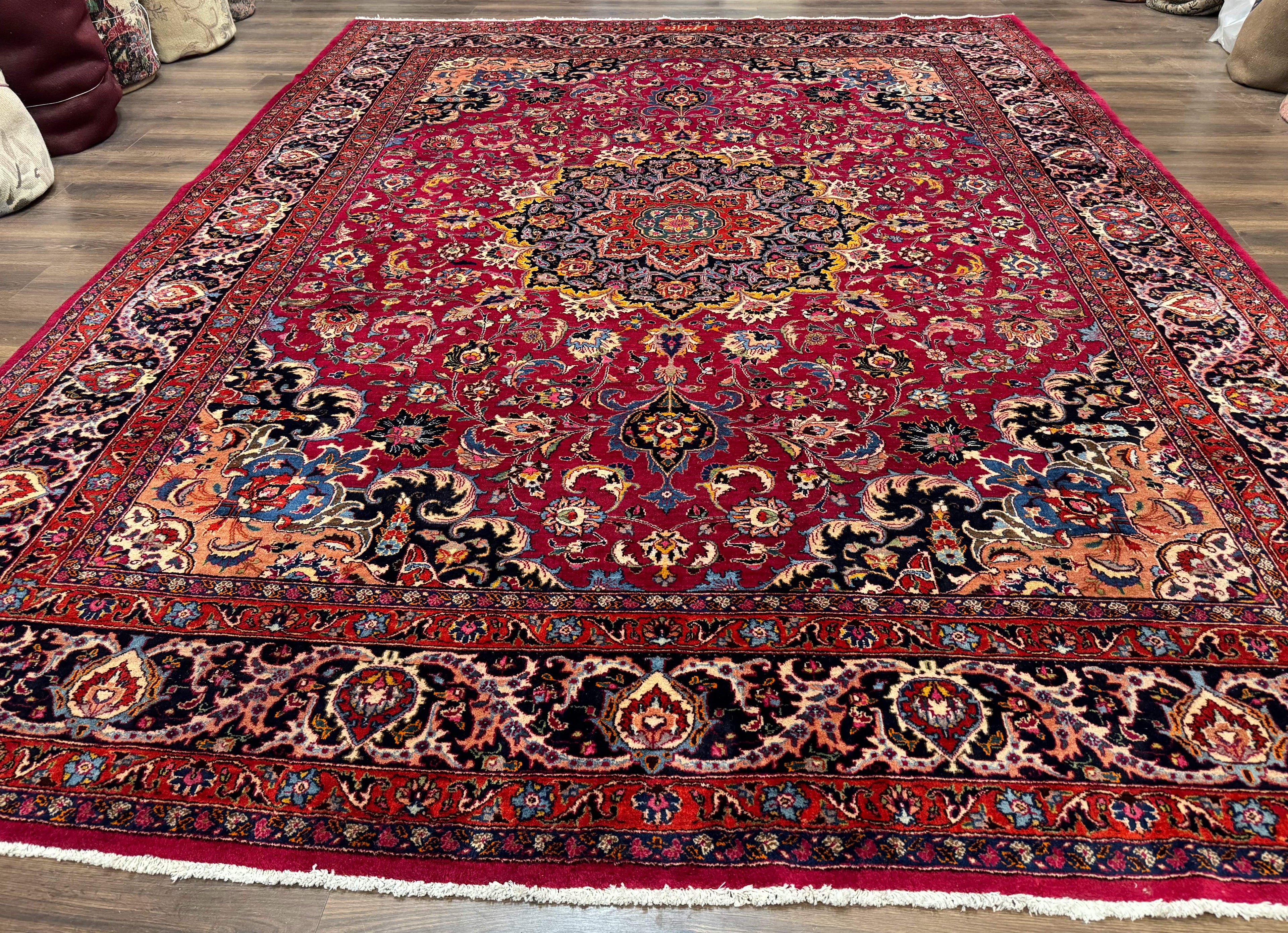 Red Persian Mashad Rug 10x13 - Floral Medallion Signed By Masterweaver