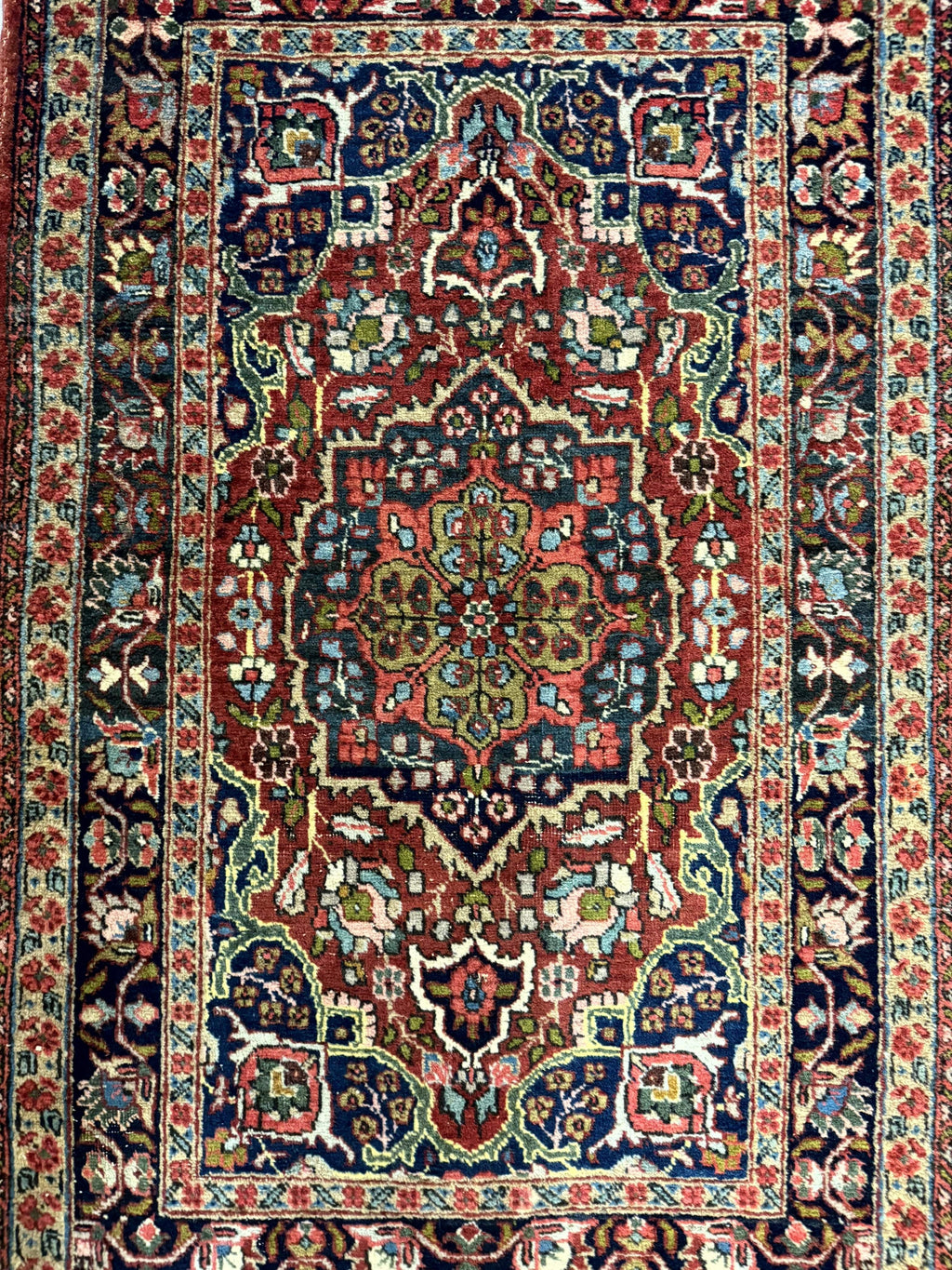 Antique Persian Tabriz Rug 3x5, Brick Red Navy Blue, Floral Medallion, Small Persian Carpet
