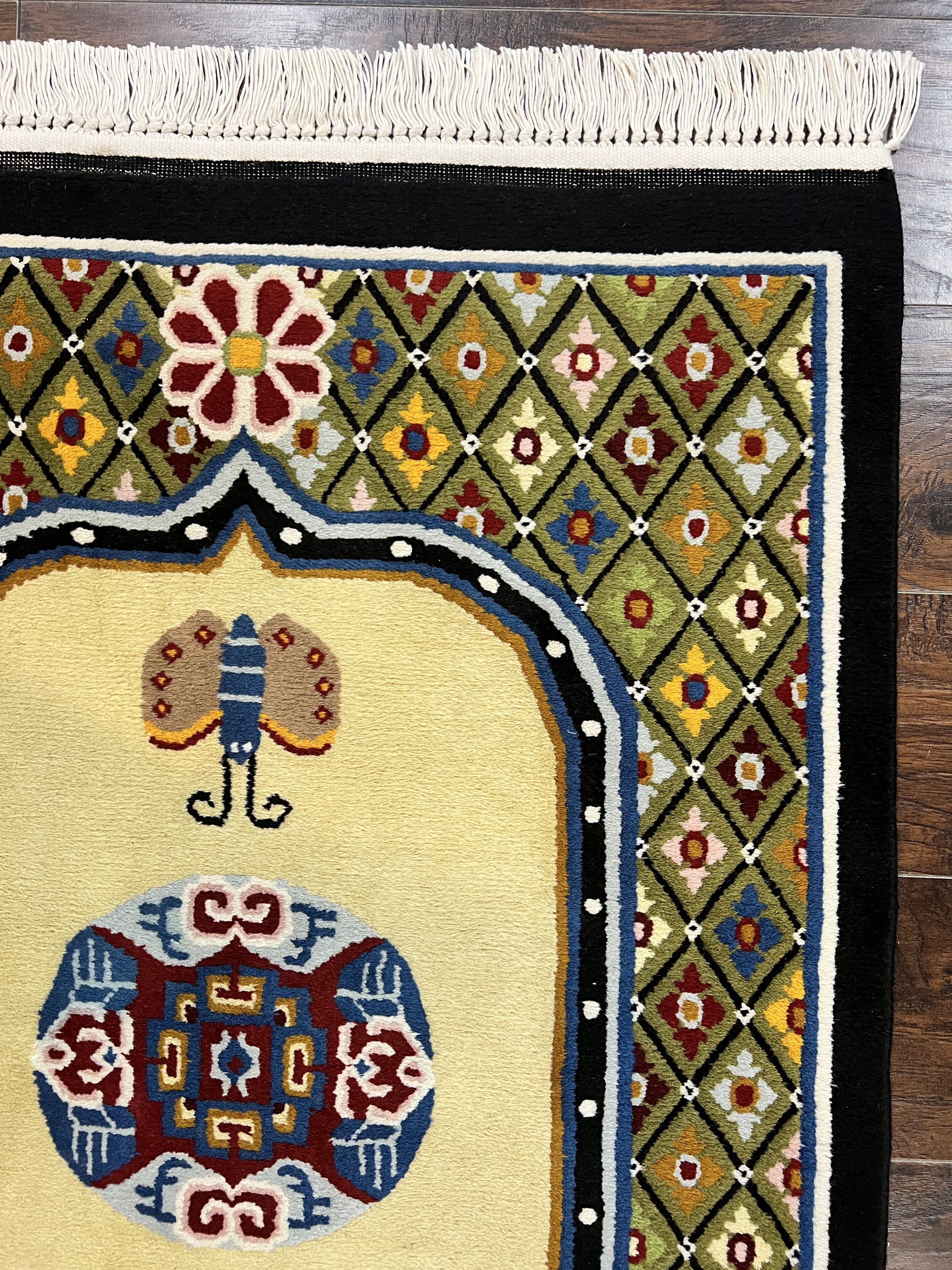 Chinese Rug 3x6 ft, Chinese Wool Rug, Tiensin Rug, Handmade Wool 3 x 6 Vintage Peking Rug, Art Deco Rug, Butterflies