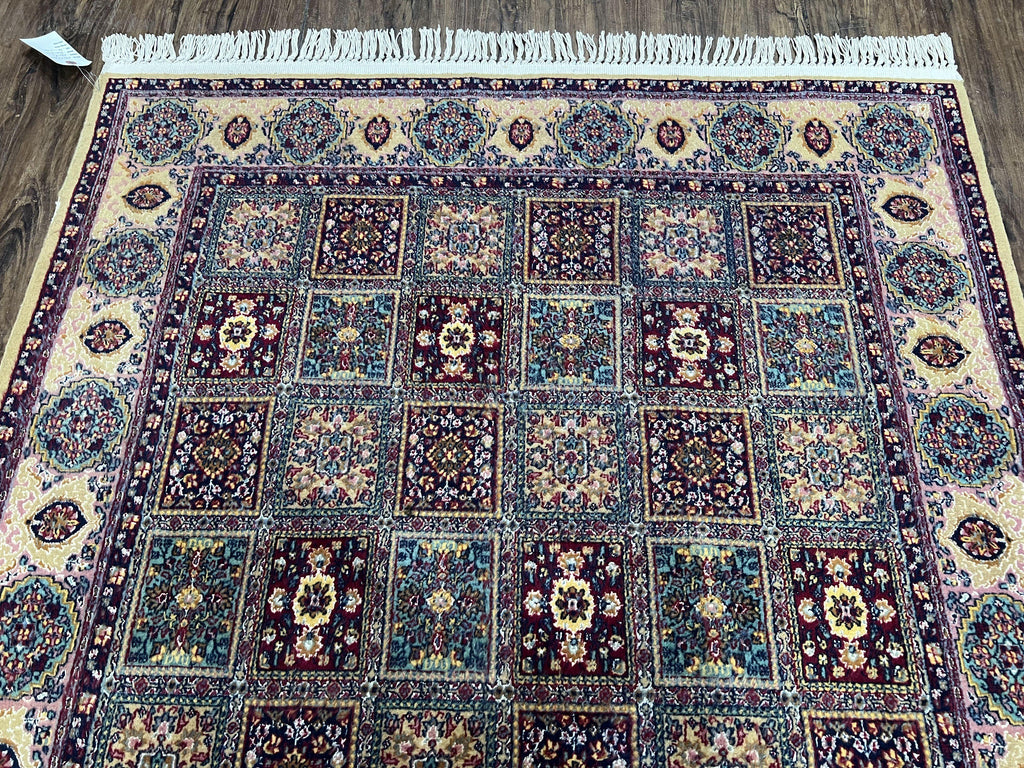 Indo Persian Silk Rug 4x6, Panel Design, Small Flowers, Hand Knotted, Fine Weave, Oriental Carpet 4 x 6, Vintage Area Rug, Beautiful Rug