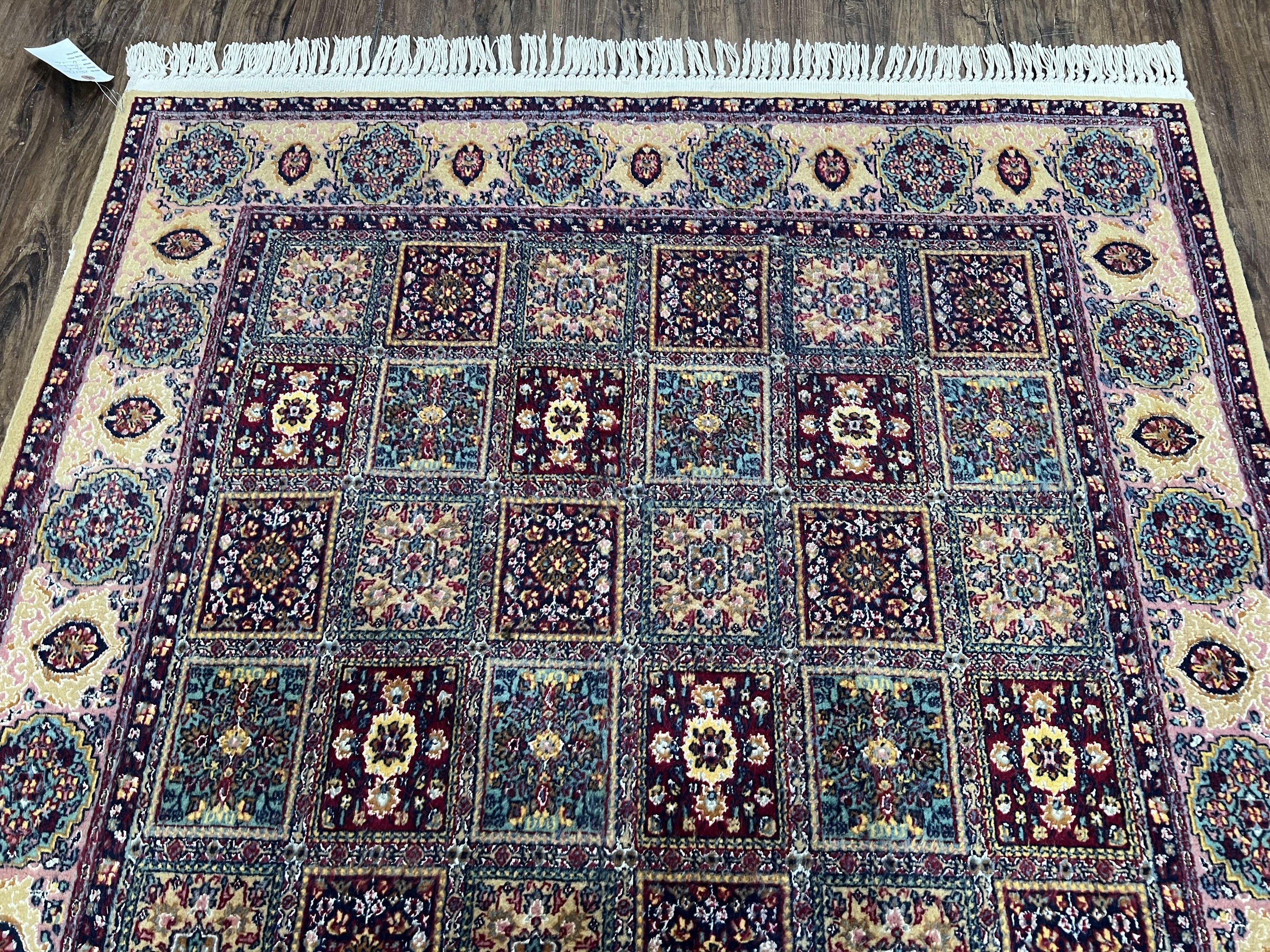 Indo Persian Silk Rug 4x6, Panel Design, Small Flowers, Hand Knotted, Fine Weave, Oriental Carpet 4 x 6, Vintage Area Rug, Beautiful Rug