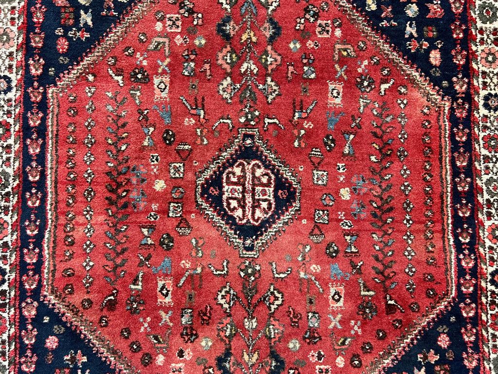 Persian Tribal Rug 3.6 x 5 ft, Persian Abadeh Rug, Geometric Medallion Bird Motifs, Red and Navy Blue Hand Knotted Handmade Wool Vintage Oriental Carpet