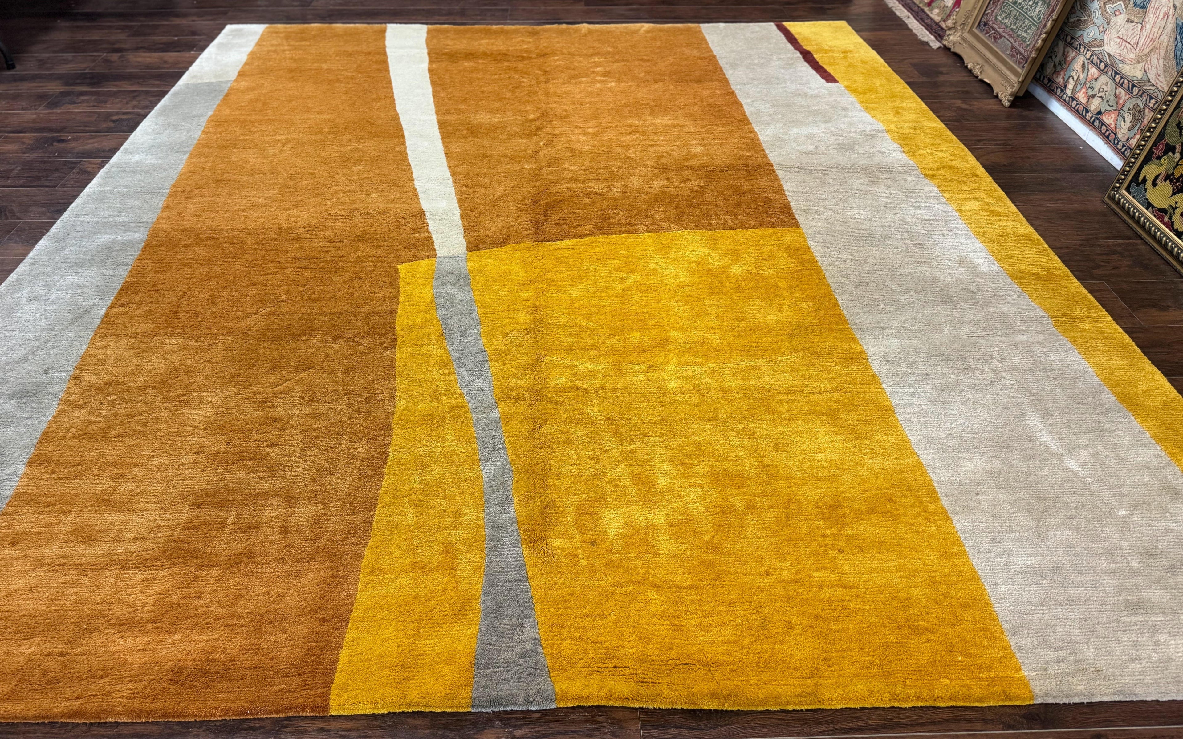 Modern Tibetan Rug 9x10, Wool Handmade Tibetan Area Rug, Abstract Multicolor