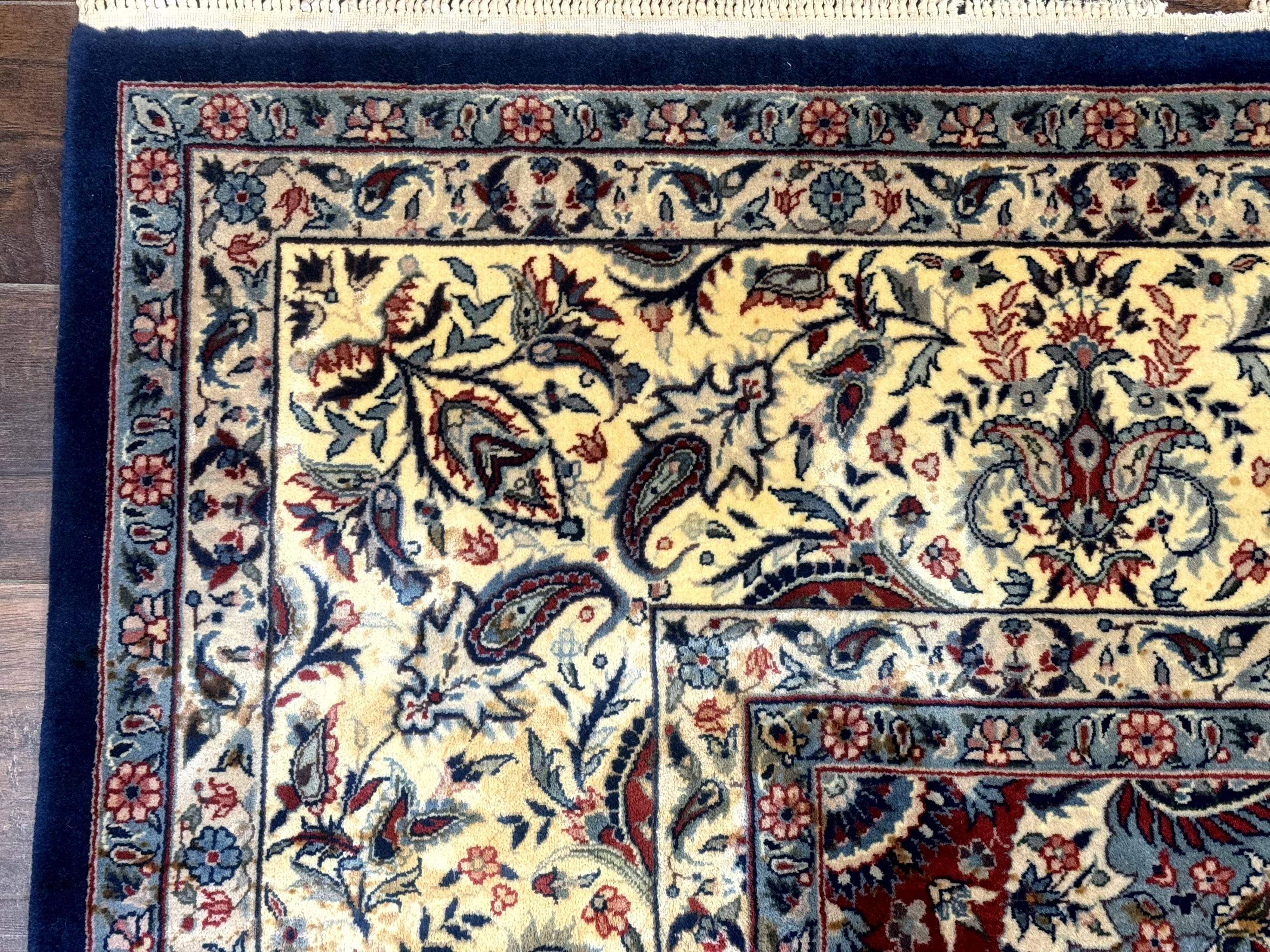 Sino Persian Kerman Rug 10x14, Blue and Beige, Floral Medallion, Fine 240 KPSI