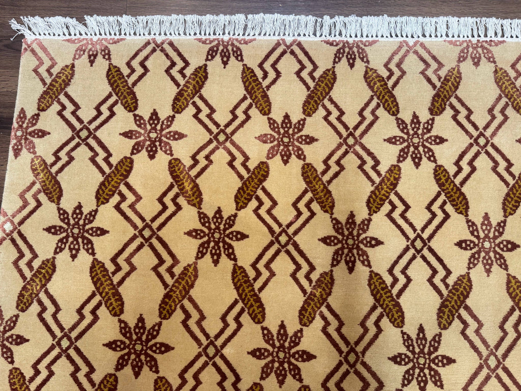 Tibetan Rug 8x10, Wool with Silk Highlights, Beige and Maroon, Contemporary Carpet