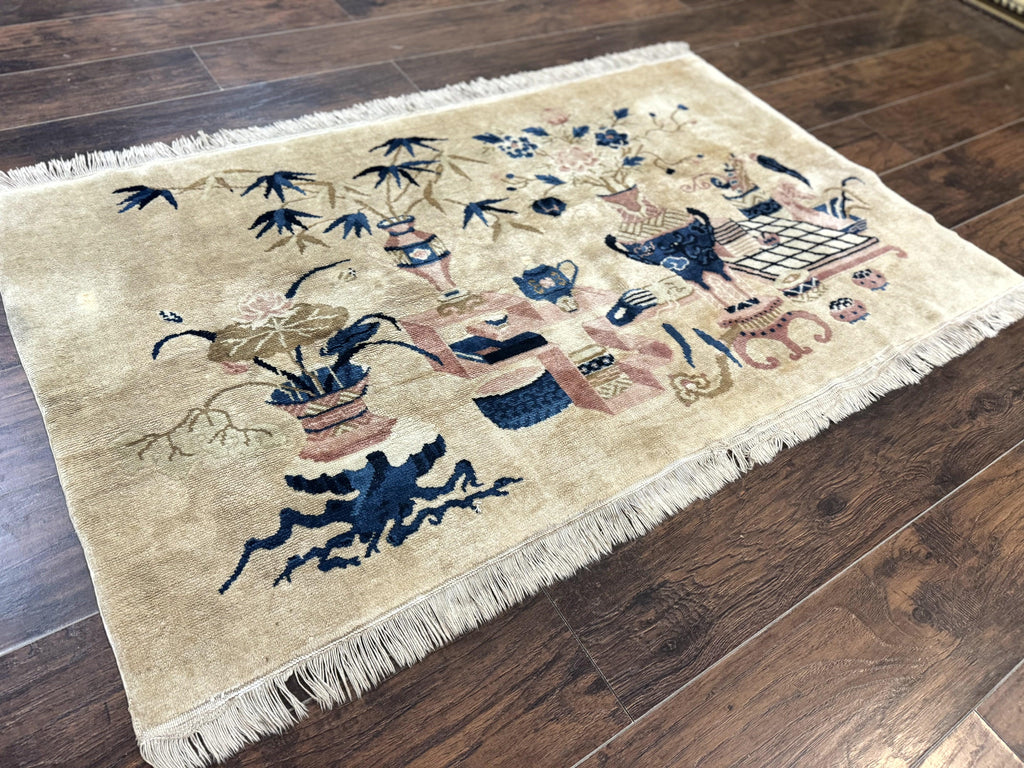Chinese Rug 5x3, Horizontal Rug, Vases Flowers, Handmade Antique Vintage Carpet, Peking Rug, Chinese Wool Rug