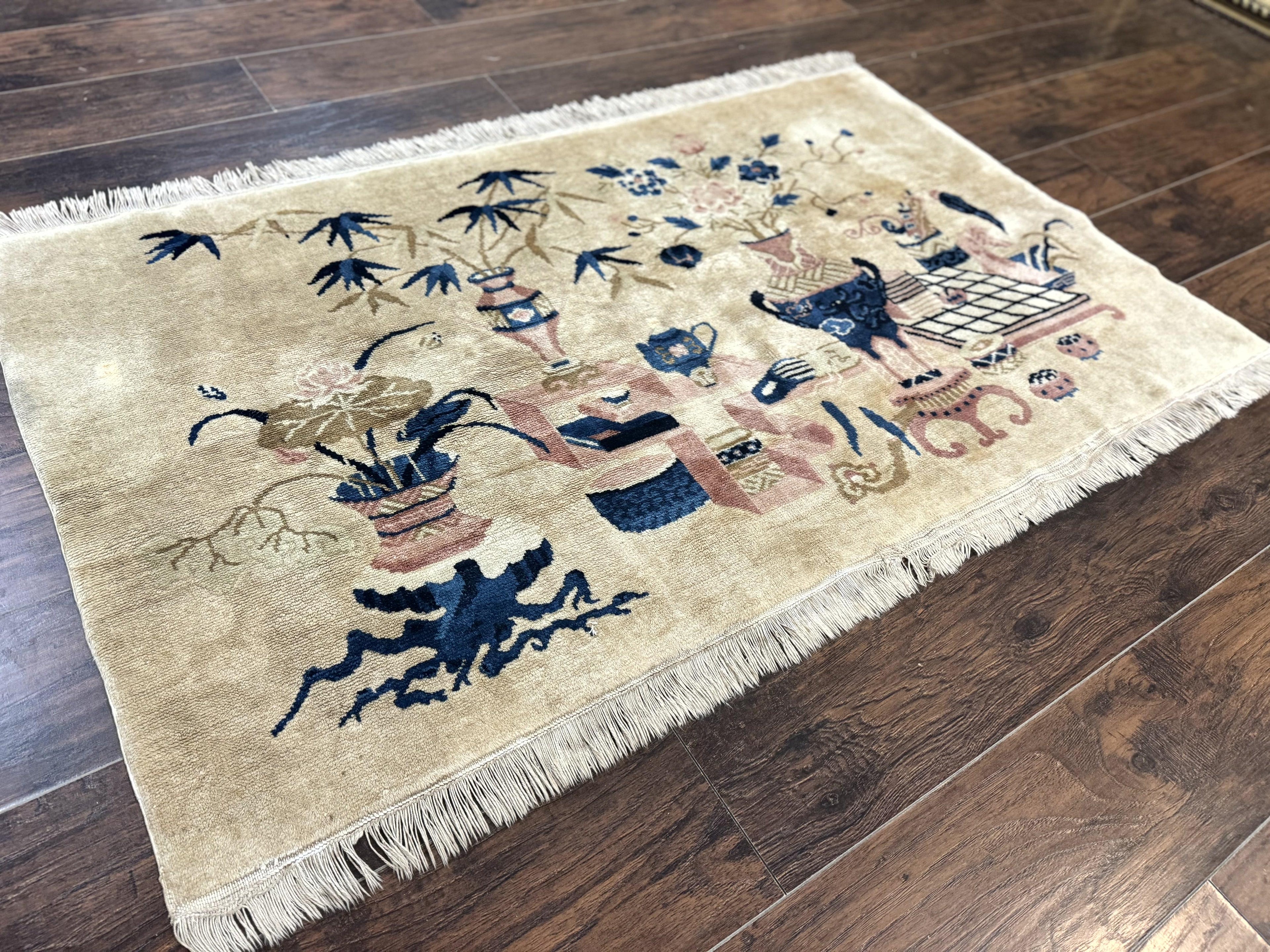 Chinese Rug 5x3, Horizontal Rug, Vases Flowers, Handmade Antique Vintage Carpet, Peking Rug, Chinese Wool Rug