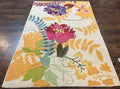 Indian Chain Stitched Rug 4x6, Hand Stitched Indian Embroidery Carpet, Large Floral Design, Contemporary, Cream and Colorful Flowers, Wool