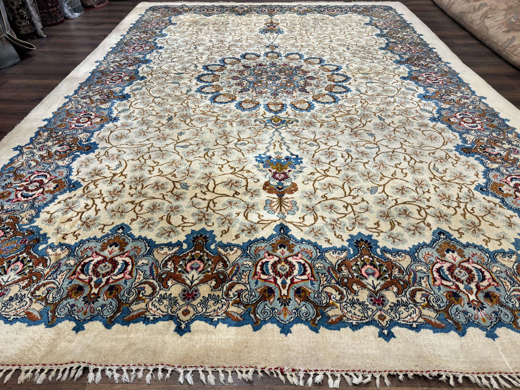 Persian Kashan Rug 9 x 12.6, Ivory and Blue, Floral Medallion, Wool Hand Knotted Semi Antique Carpet