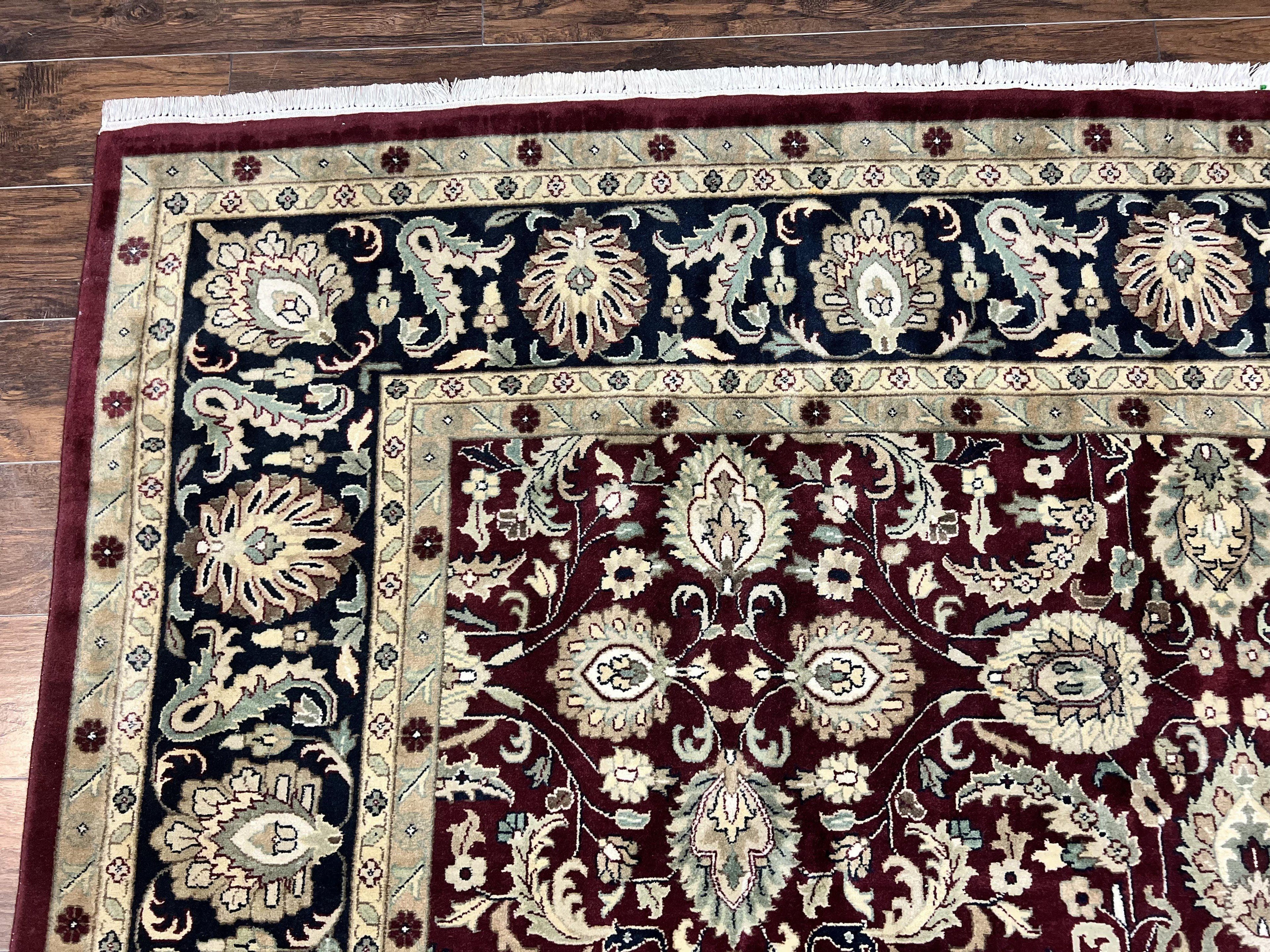 Indo Persian Rug 10x14, Floral Allover, Maroon, Handmade Hand Knotted VIntage Wool Rug, Large Oriental Carpet