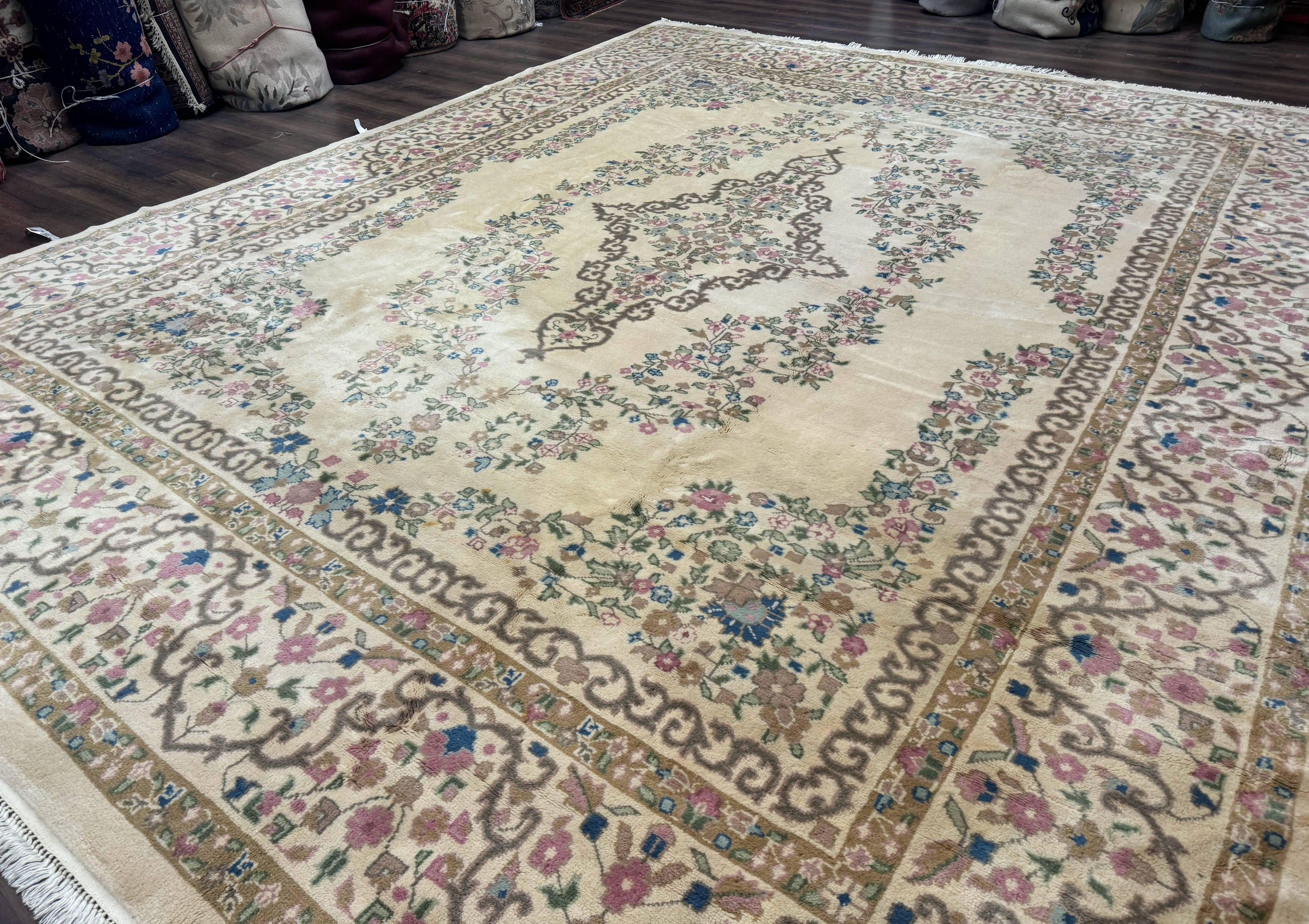 Indo Persian Rug 12x15, Palace Sized Carpet, Oversized Wool Handmade Rug, Kerman Rug, Semi Open Field, Pande Cameron Rug, Beige