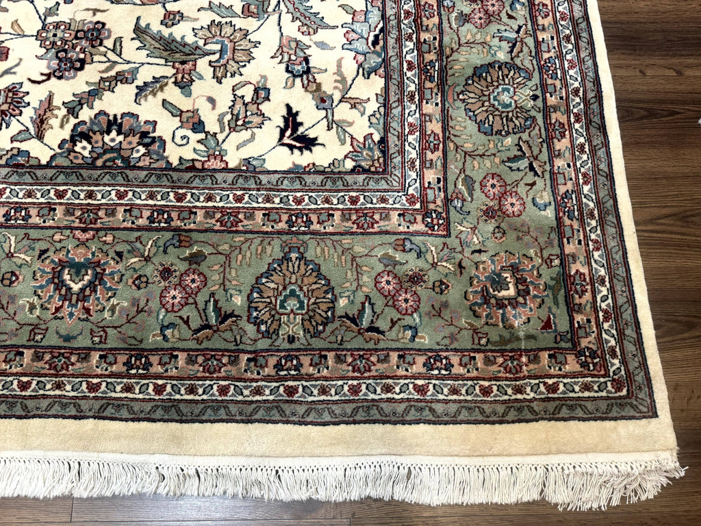 Indo Persian Rug 9x12, Allover Floral Pattern, Ivory & Green, Traditional Oriental Carpet