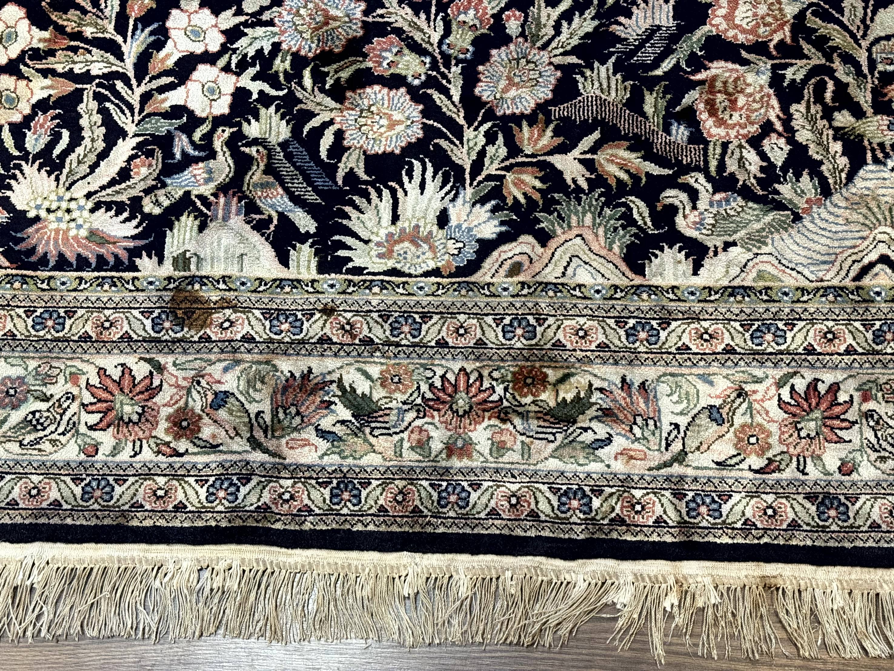 Silk Rug 4x6, Black and Cream, Floral & Bird Pictorials, Fine 330 KPSI, Sino Persian Rug